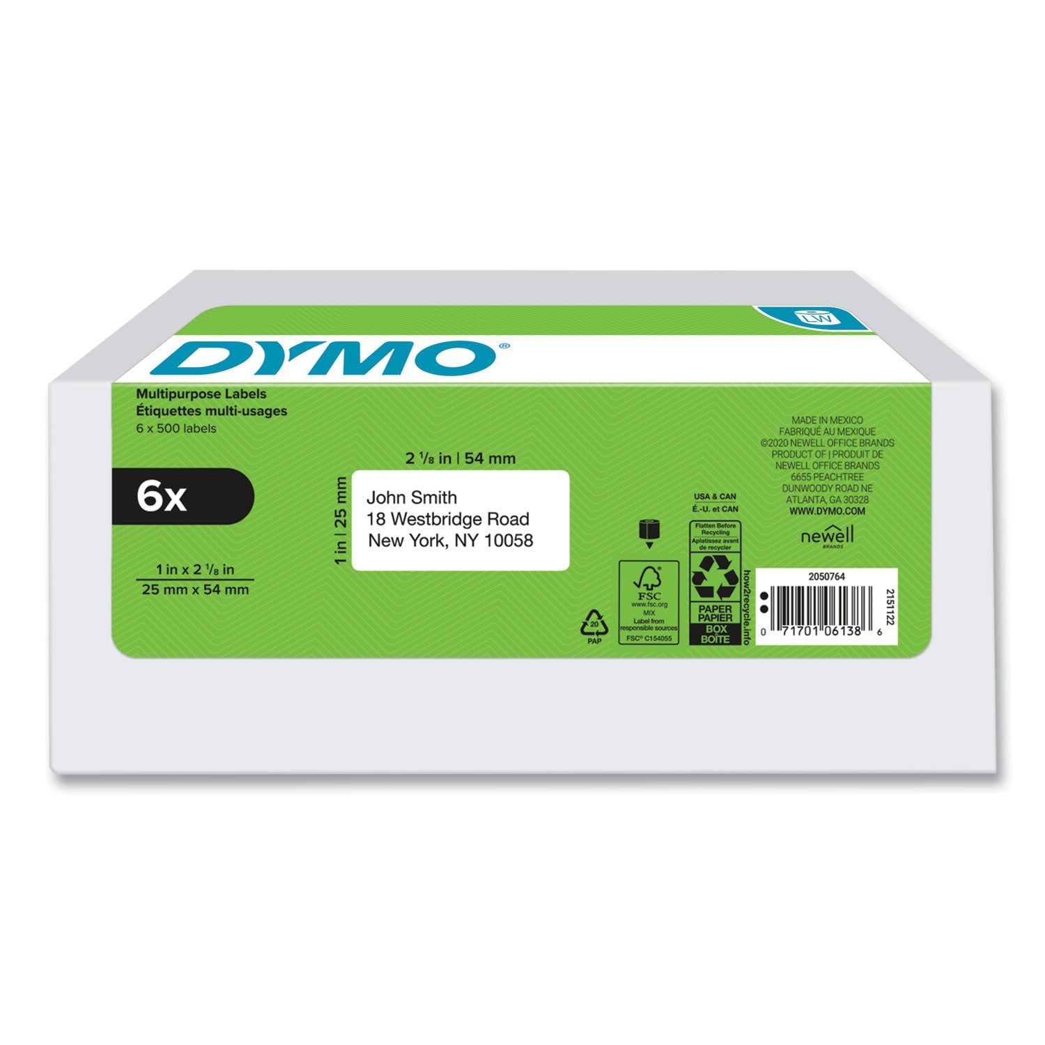 Dymo LabelWriter Labels - 1" Height x 2 1/8" Width - Roll - Rectangle - White - 500 / Roll - 6 / Pack