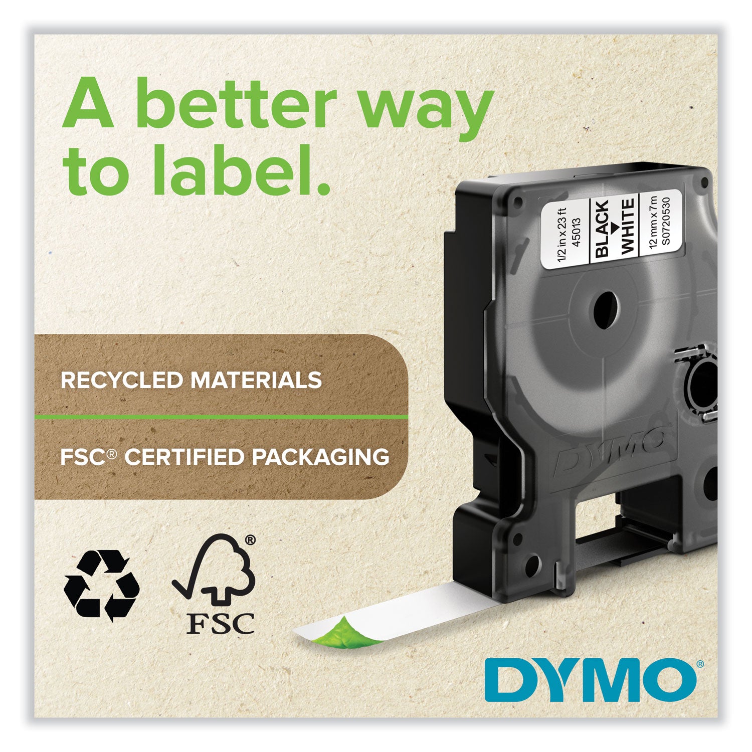 D1 High-Performance Polyester Removable Label Tape, 0.5" X 23 Ft, Black On Green