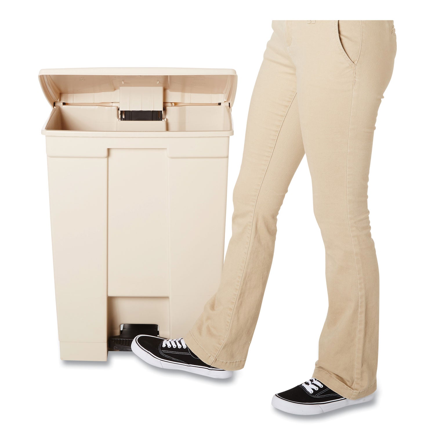 Rubbermaid Commercial Mobile Step-On Container, 18 Gallon, Rectangular, Fire-Safe, Puncture Resistant, Heavy Duty, Pedal Control, Plastic, Beige, 1 Each