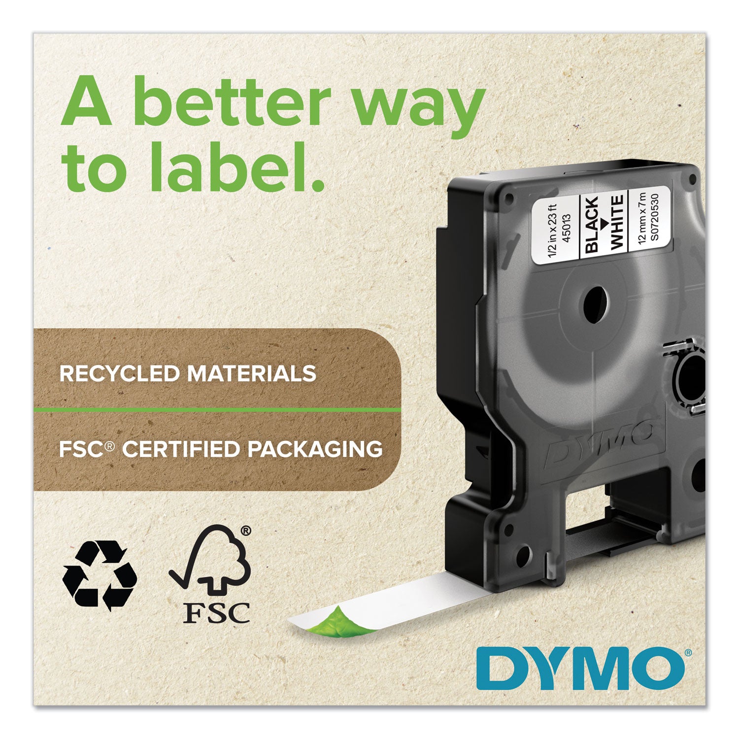 Dymo D1 Electronic Tape Cartridge, 1/2" x 23 ft, Removable Adhesive, White with Black Text, Easy Peel, Durable, 1 Each