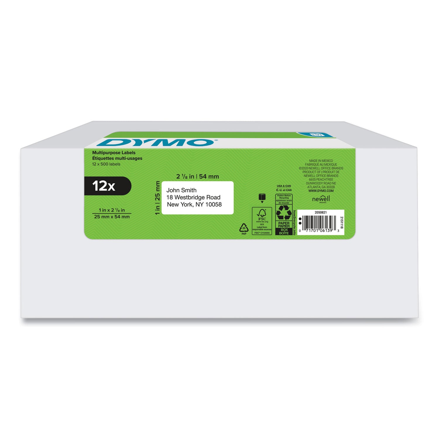 Dymo LabelWriter Labels - 1" Height x 2 1/8" Width - Roll - Rectangle - Direct Thermal - White - Durable, Adhesive, Strong - 500 / Roll - 12 / Pack