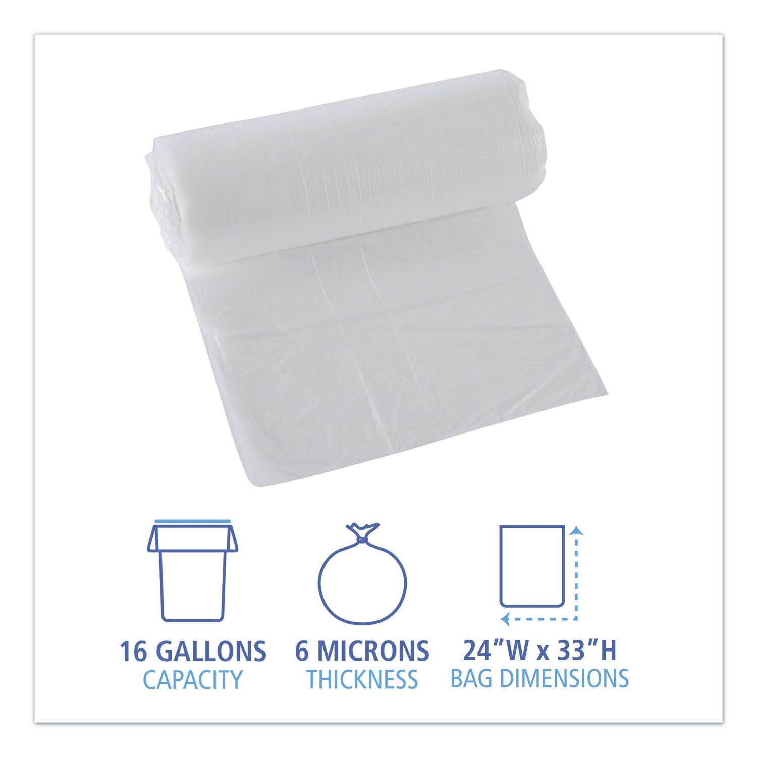 High-Density Can Liners, 16 gal, 6 mic, 24" x 33", Natural, Perforated Roll, 50 Bags/Roll, 20 Rolls/Carton