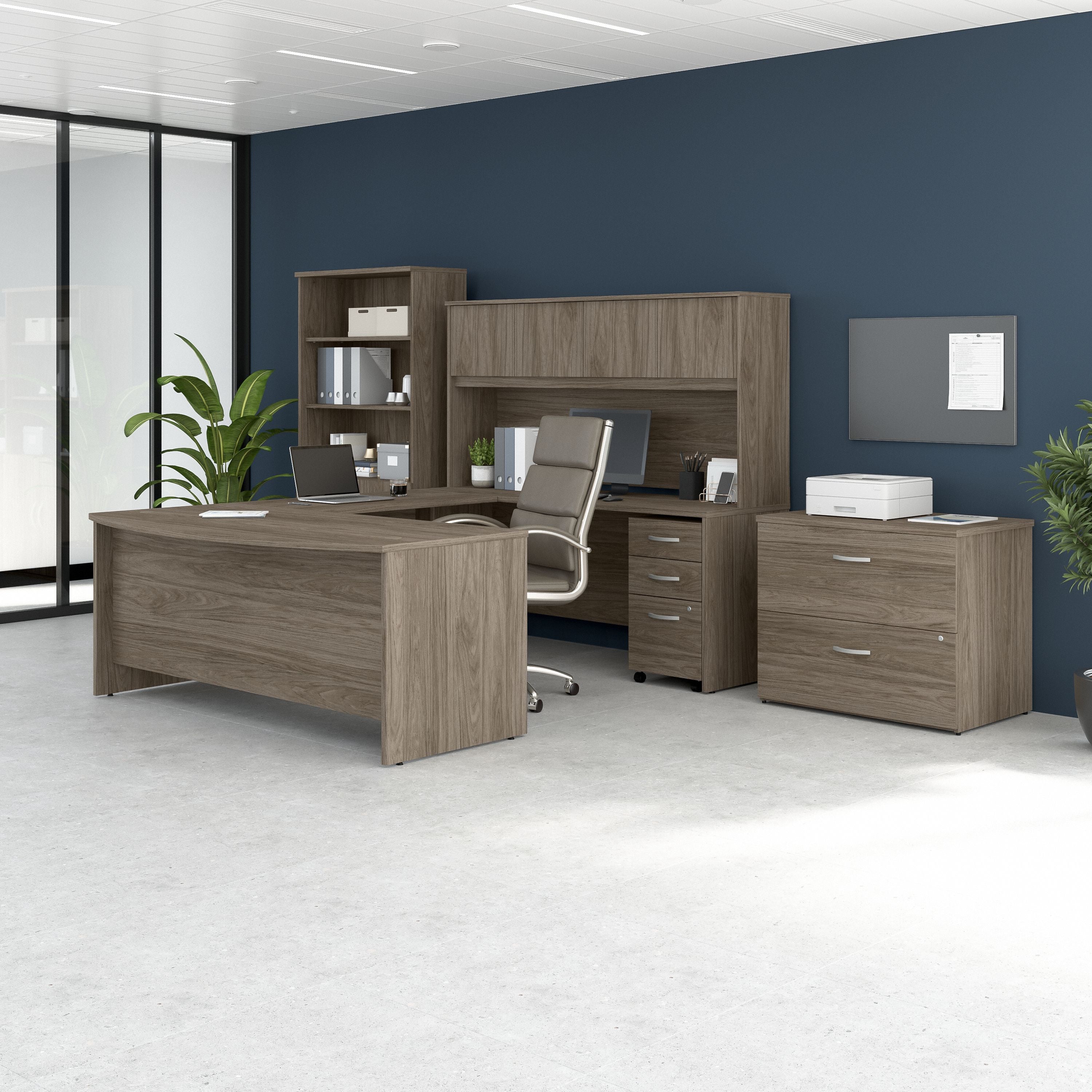 Bush Business Furniture Studio C 72W x 36D U Shaped Desk with Hutch, Bookcase and File Cabinets in Modern Hickory - 71.02" Width x 100.43" Depth x 72.8" Height