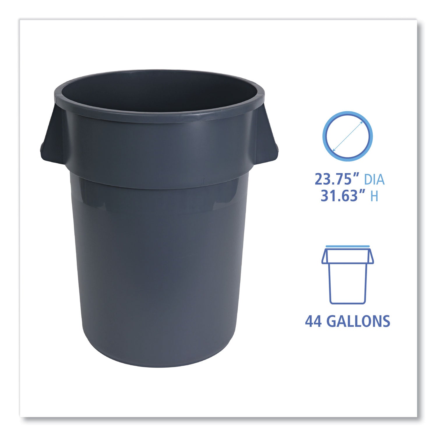Round Waste Receptacle, 44 gal, Plastic, Gray