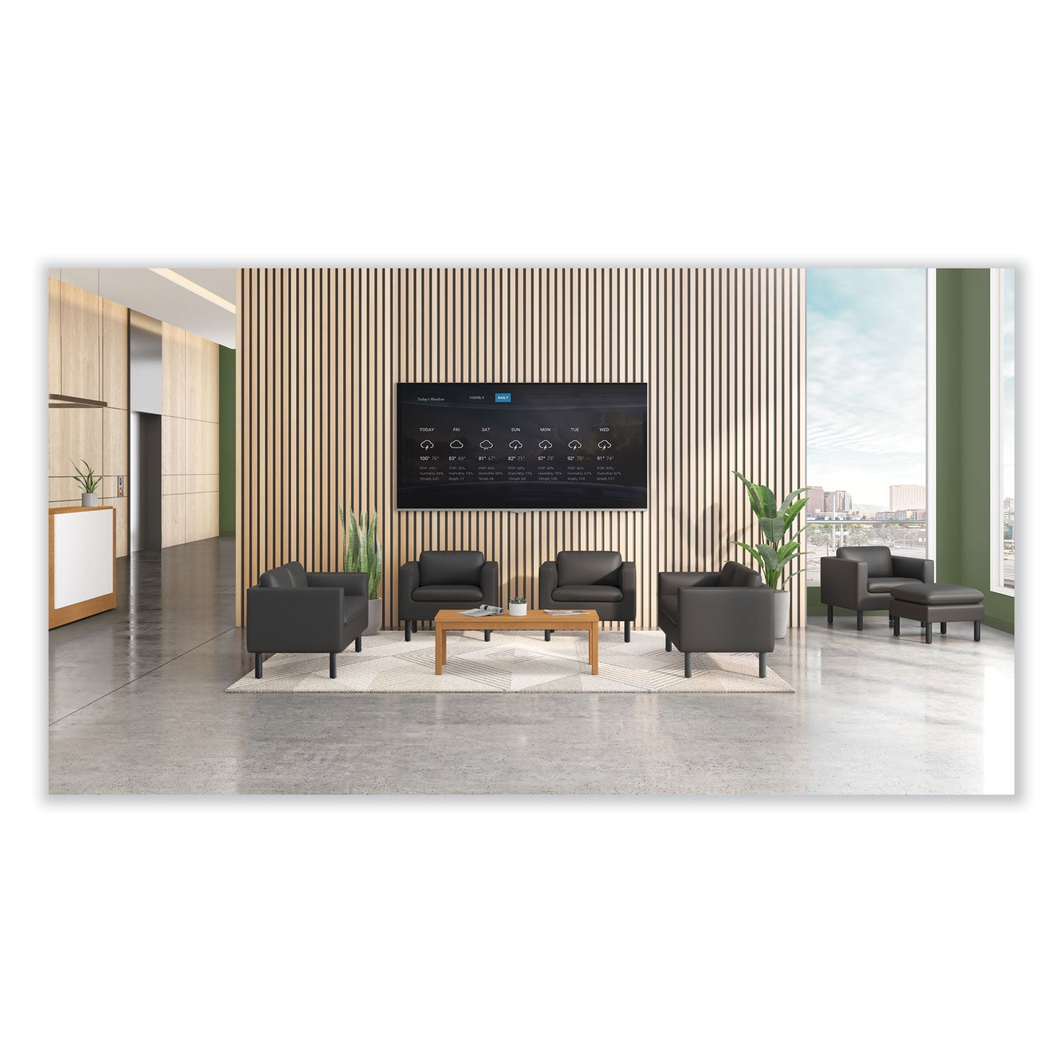 HON Parkwyn Club Chair, Black Polyurethane, 29" H x 33" W x 26.8" D, Black Metal Legs, 1 Each