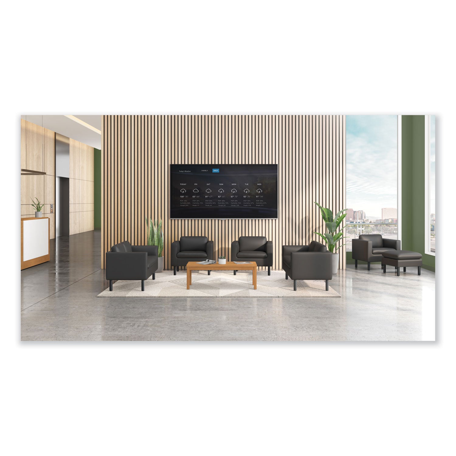 HON Parkwyn Loveseat, Black Polyurethane, 29"H x 53.5"W x 26.8"D, Metal Legs, 1 Each