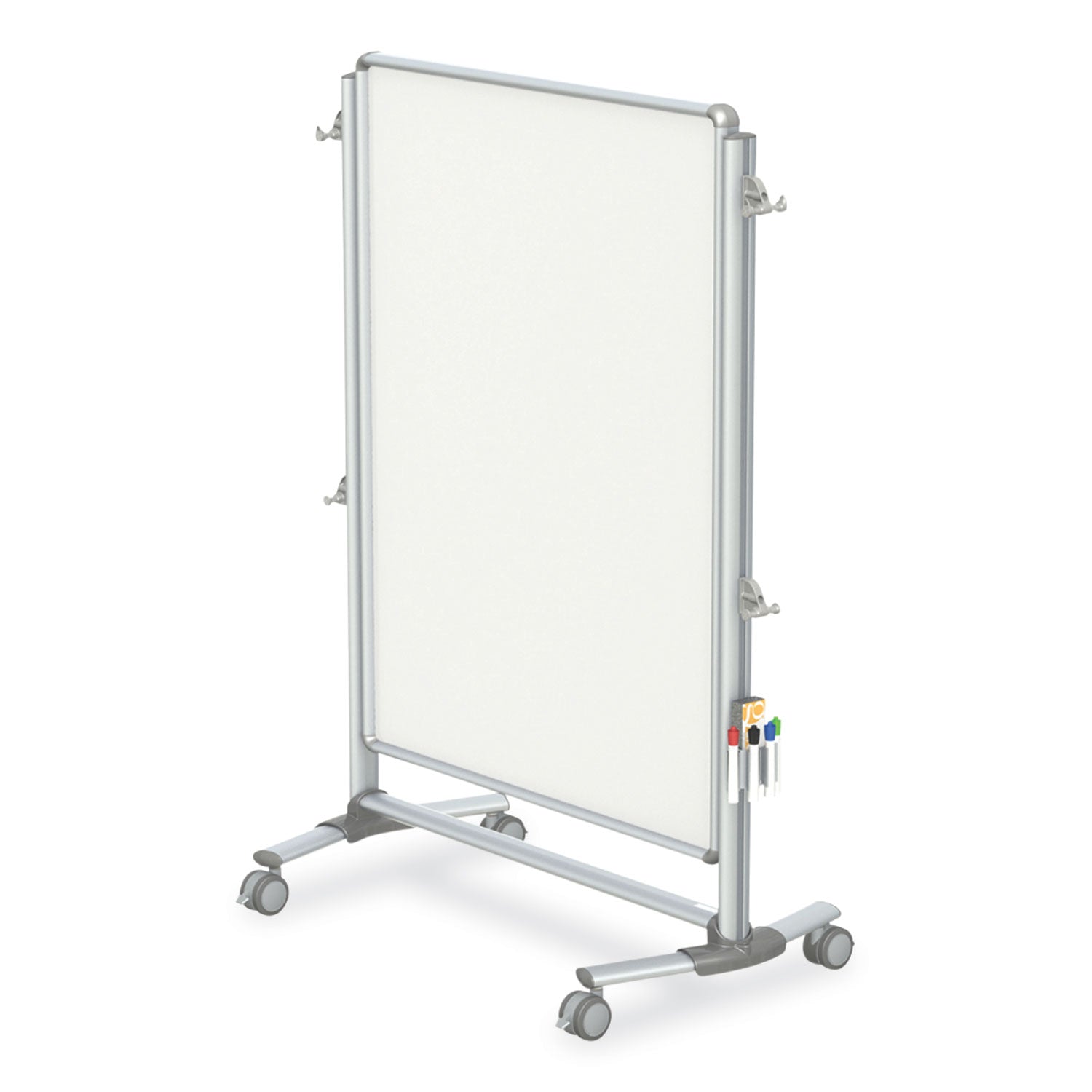 Ghent Partition, 46.5" x 65", White Porcelain, Aluminum Frame, Rectangle, Floor Standing, Magnetic, Double-Sided, Locking Casters, Accessory Holder, Adjustable Leg, 1 Each