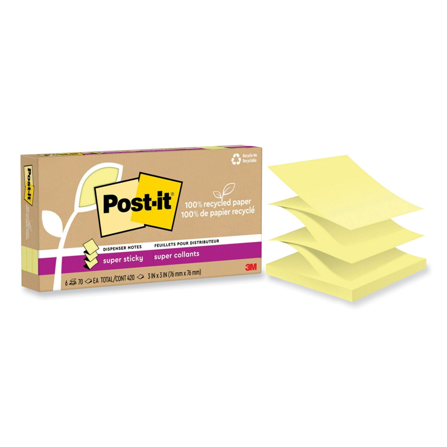 Post-it Super Sticky Adhesive Notes, 3" x 3", Canary Yellow, 70 Sheets per Pad, 12 Pads per Pack, Recycled, Removable, Repositionable, Pop-up