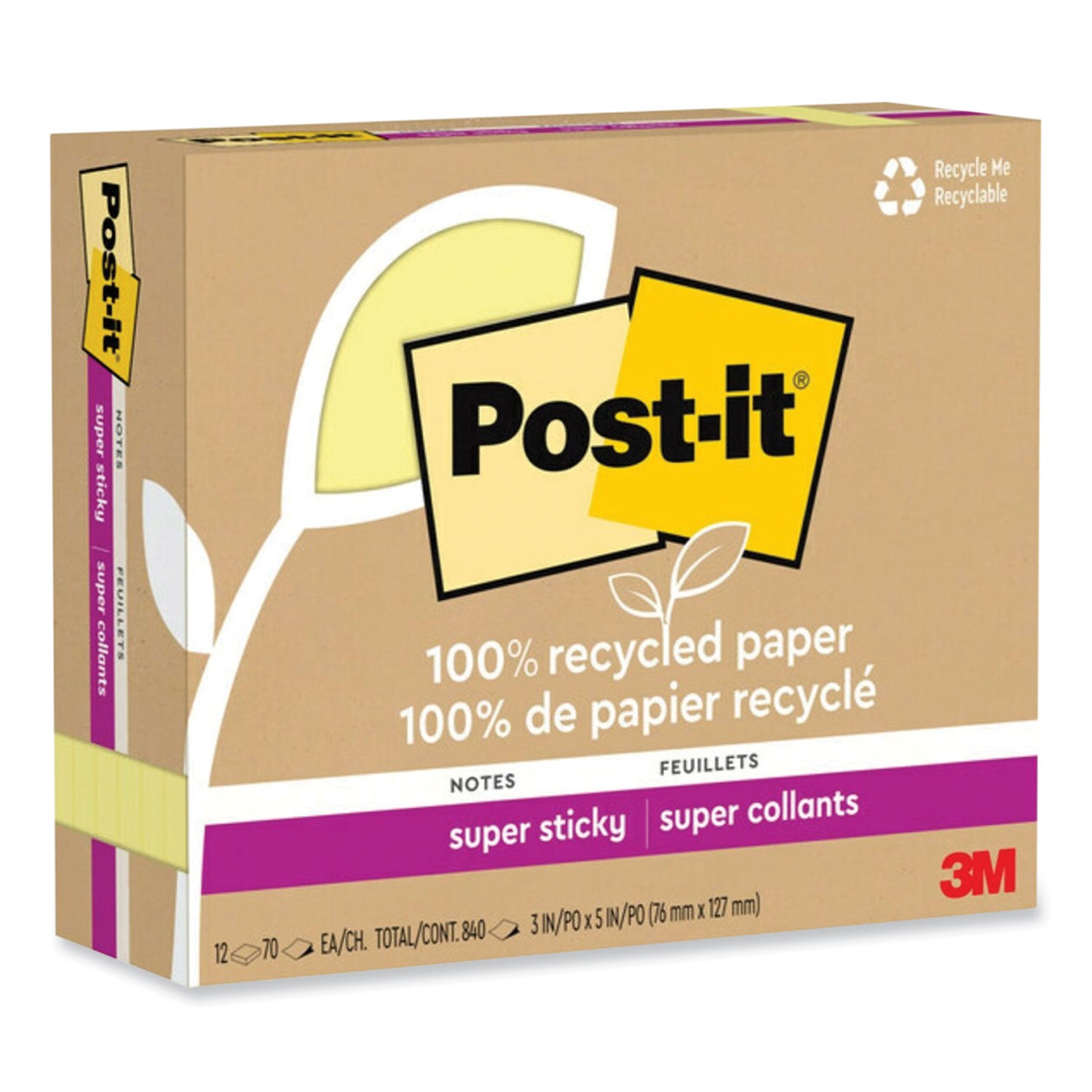 Post-it Recycled Super Sticky Notes, 3" x 5", Canary Yellow, 70 Sheets per Pad, 12 Pads per Pack, Rectangle, Adhesive, 100% Recycled Paper