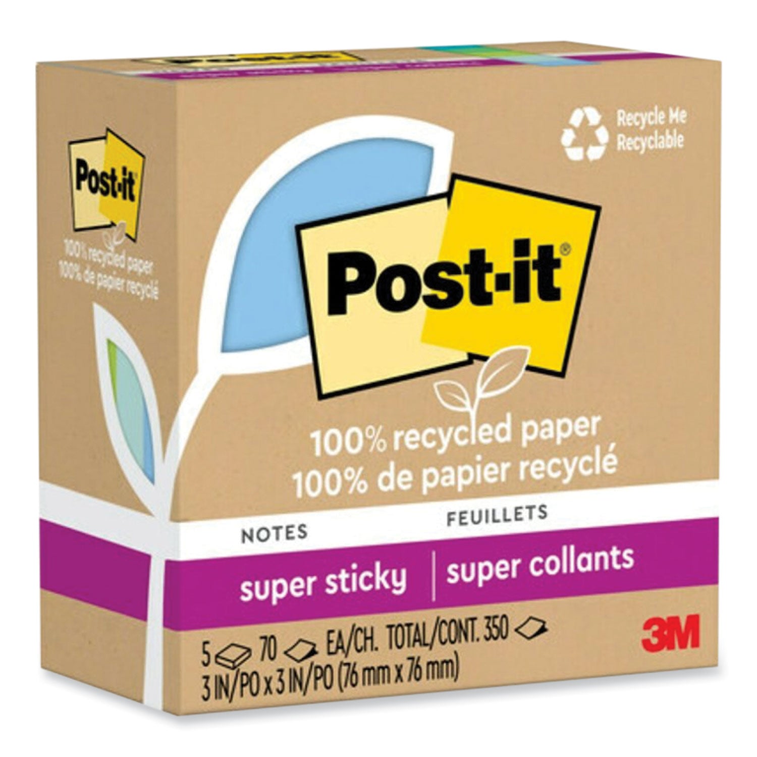 Post-it Super Sticky Adhesive Notes, 3" x 3", Square, Assorted Oasis Colors, 70 Sheets per Pad, 5 Pads per Pack, 350 Notes Total, Removable, Repositionable, Recyclable, Recycled Content