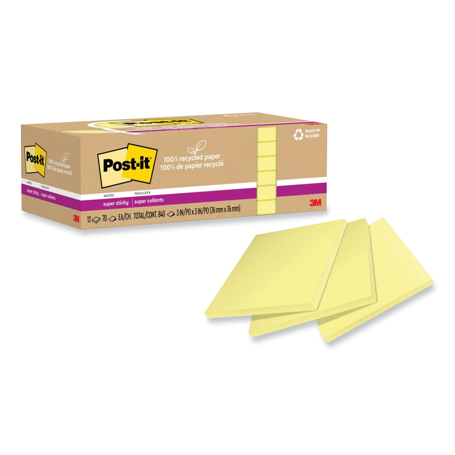 Post-it Recycled Super Sticky Notes, 3" x 3", Canary Yellow, 70 Sheets per Pad, 12 Pads per Pack, Square, Adhesive, 100% Recycled Paper