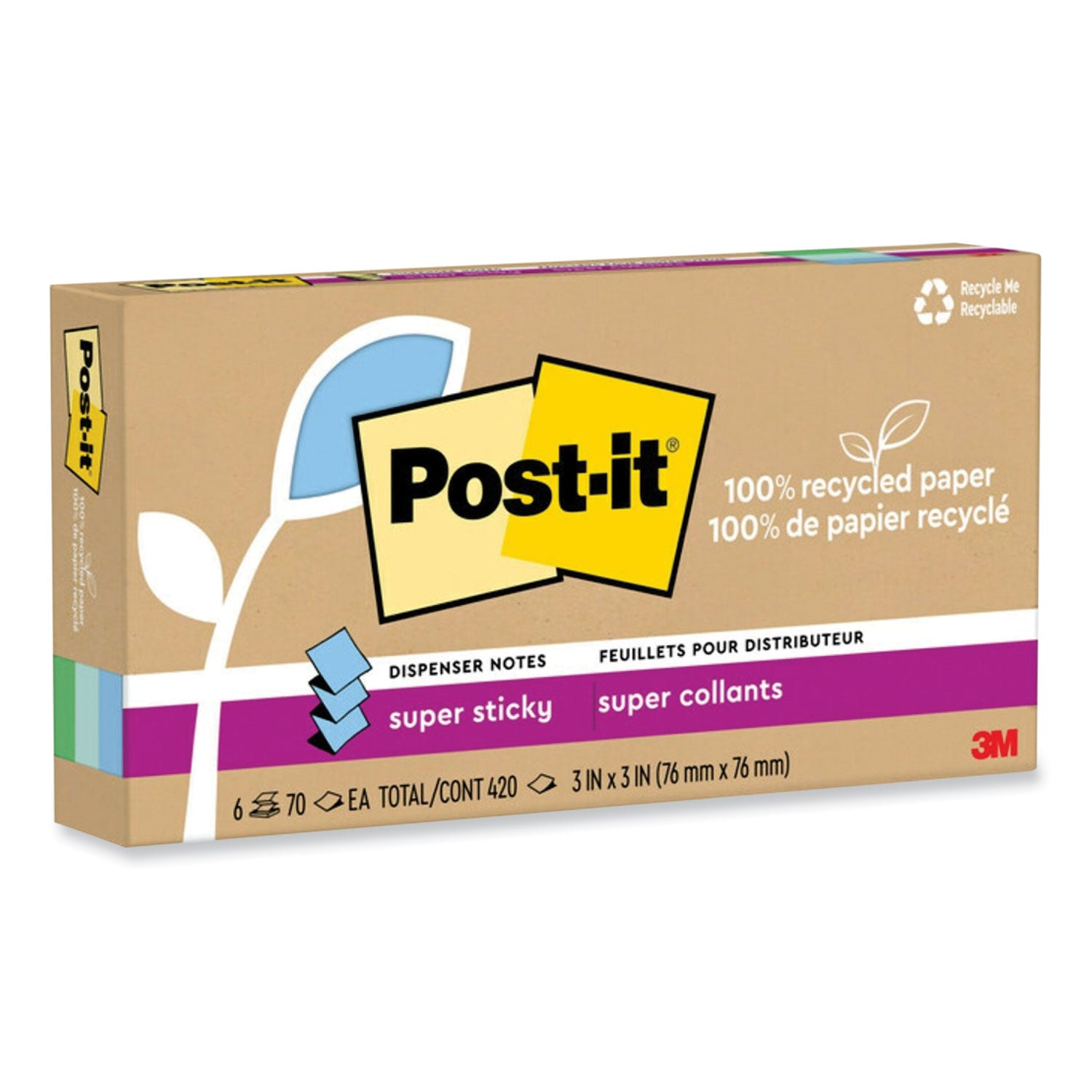 Post-it Super Sticky Adhesive Notes, 3" x 3", Assorted Oasis Colors, 70 Sheets per Pad, 6 Pads per Pack, Recycled, Removable, Repositionable, Pop-up, Square Shape