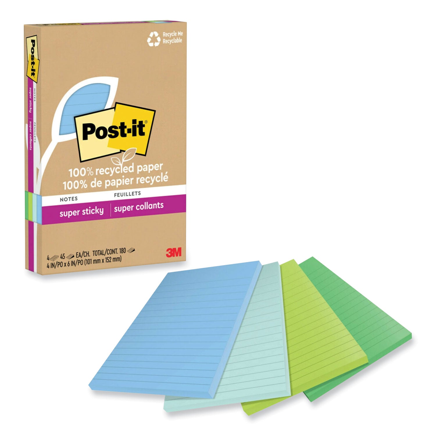 Post-it Super Sticky Adhesive Notes, 4" x 6", Assorted Oasis, 45 Sheets per Pad, 4 Pads per Pack, 180 Notes Total