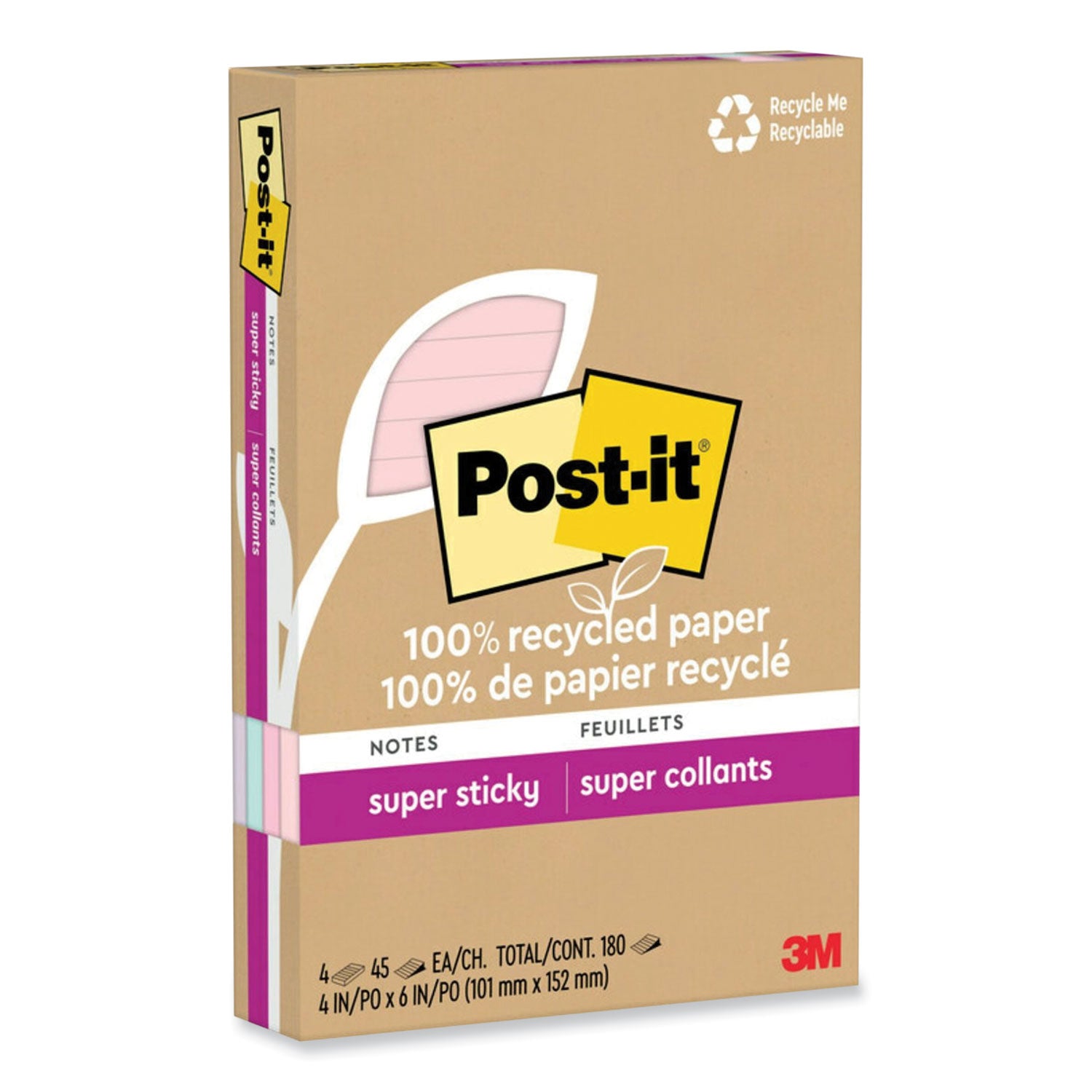 Post-it Super Sticky Adhesive Notes, 4" x 6", Rectangle, 45 Sheets per Pad, Assorted Wanderlust Pastel, Repositionable, Recycled, 4 Pack