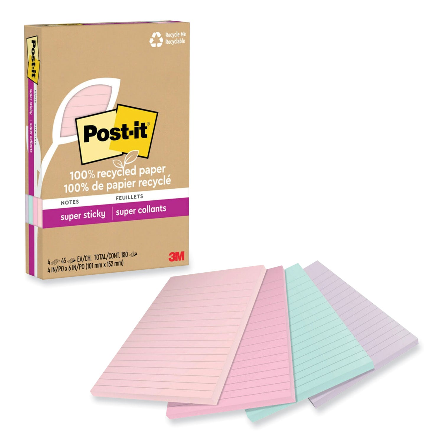 Post-it Super Sticky Adhesive Notes, 4" x 6", Rectangle, 45 Sheets per Pad, Assorted Wanderlust Pastel, Repositionable, Recycled, 4 Pack