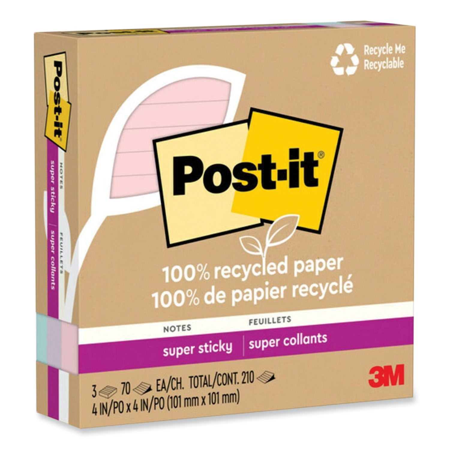 Post-it Super Sticky Adhesive Notes, 4" x 4", Square, 70 Sheets per Pad, Assorted Wanderlust Pastel, 3 Pack, Removable, Repositionable, Recyclable, Recycled Content