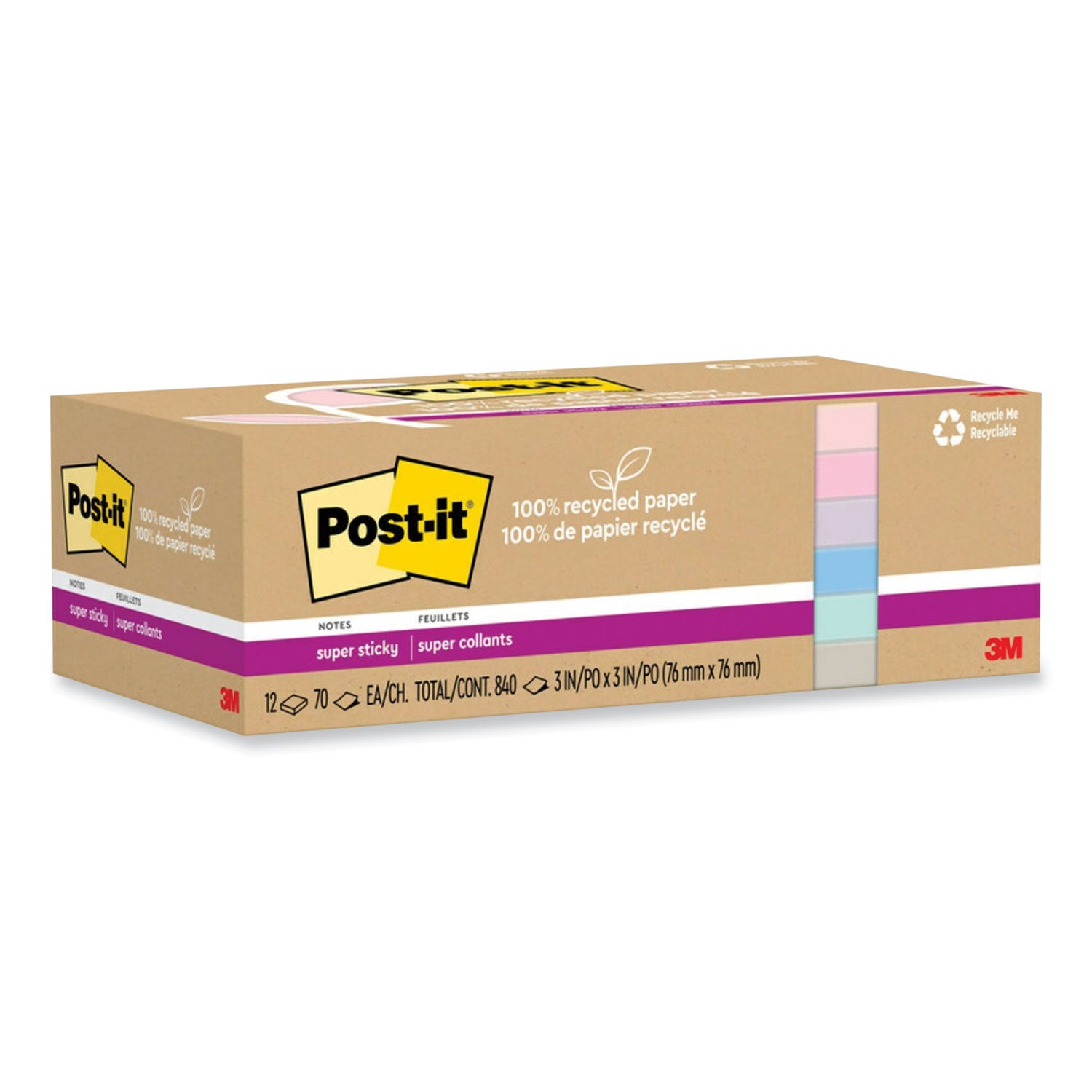 Post-it Recycled Super Sticky Notes, 3" x 3", Square, Wanderlust Pastels, 70 Sheets per Pad, 12 Pads per Pack