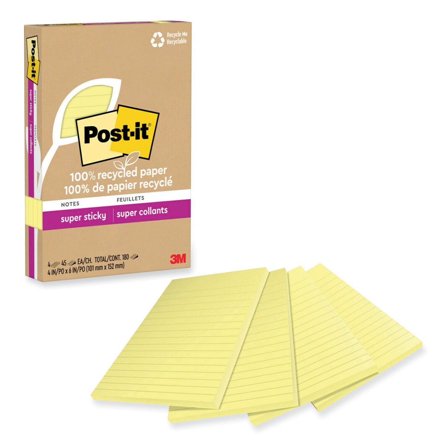 Post-it Super Sticky Adhesive Notes, 4" x 6", Rectangle, Canary Yellow, 45 Sheets per Pad, 4 Pads per Pack, Repositionable, Recycled