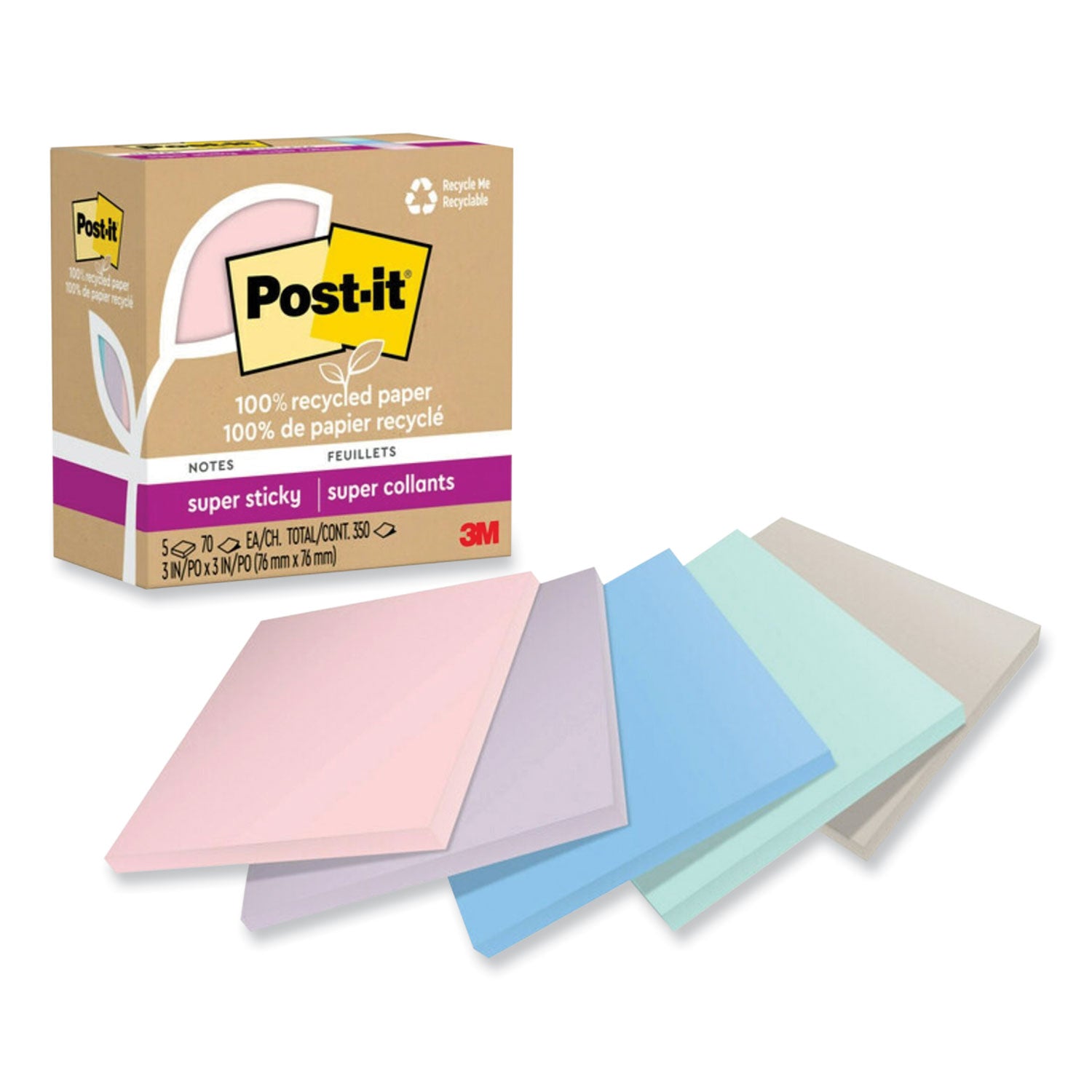 Post-it Recycled Super Sticky Notes, 3" x 3", Square, Wanderlust Pastels, 70 Sheets per Pad, 5 Pads per Pack