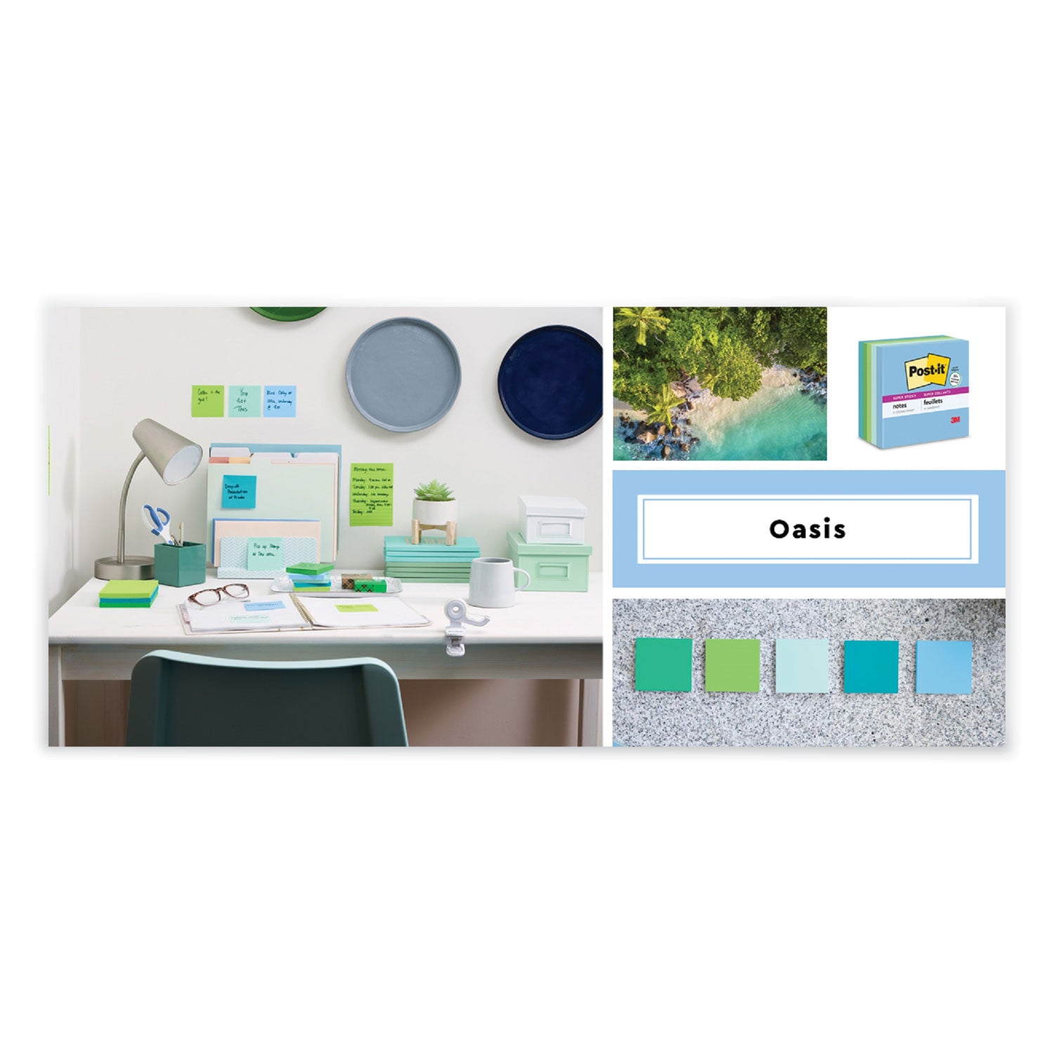 Post-it Super Sticky Adhesive Notes, 4" x 6", Assorted Oasis, 45 Sheets per Pad, 4 Pads per Pack, 180 Notes Total