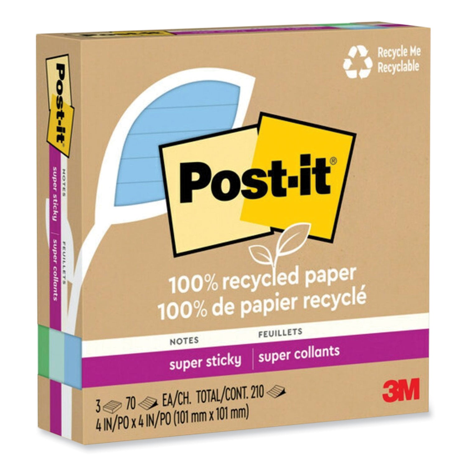 Post-it Super Sticky Adhesive Notes, 4" x 4", Square, Ruled, Assorted Oasis Colors, 70 Sheets per Pad, 3 Pads per Pack, Removable, Repositionable, Recyclable, Recycled Content