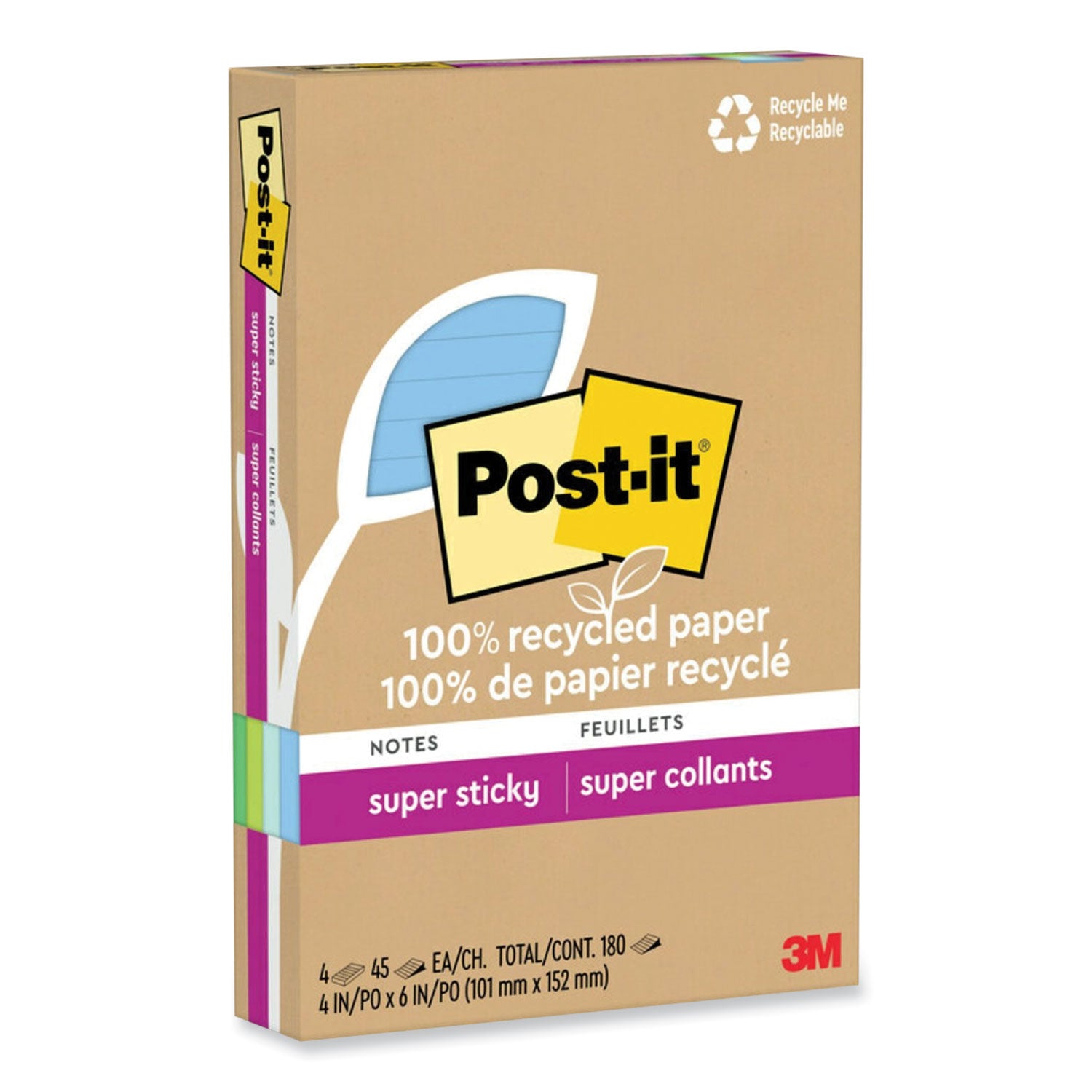 Post-it Super Sticky Adhesive Notes, 4" x 6", Assorted Oasis, 45 Sheets per Pad, 4 Pads per Pack, 180 Notes Total