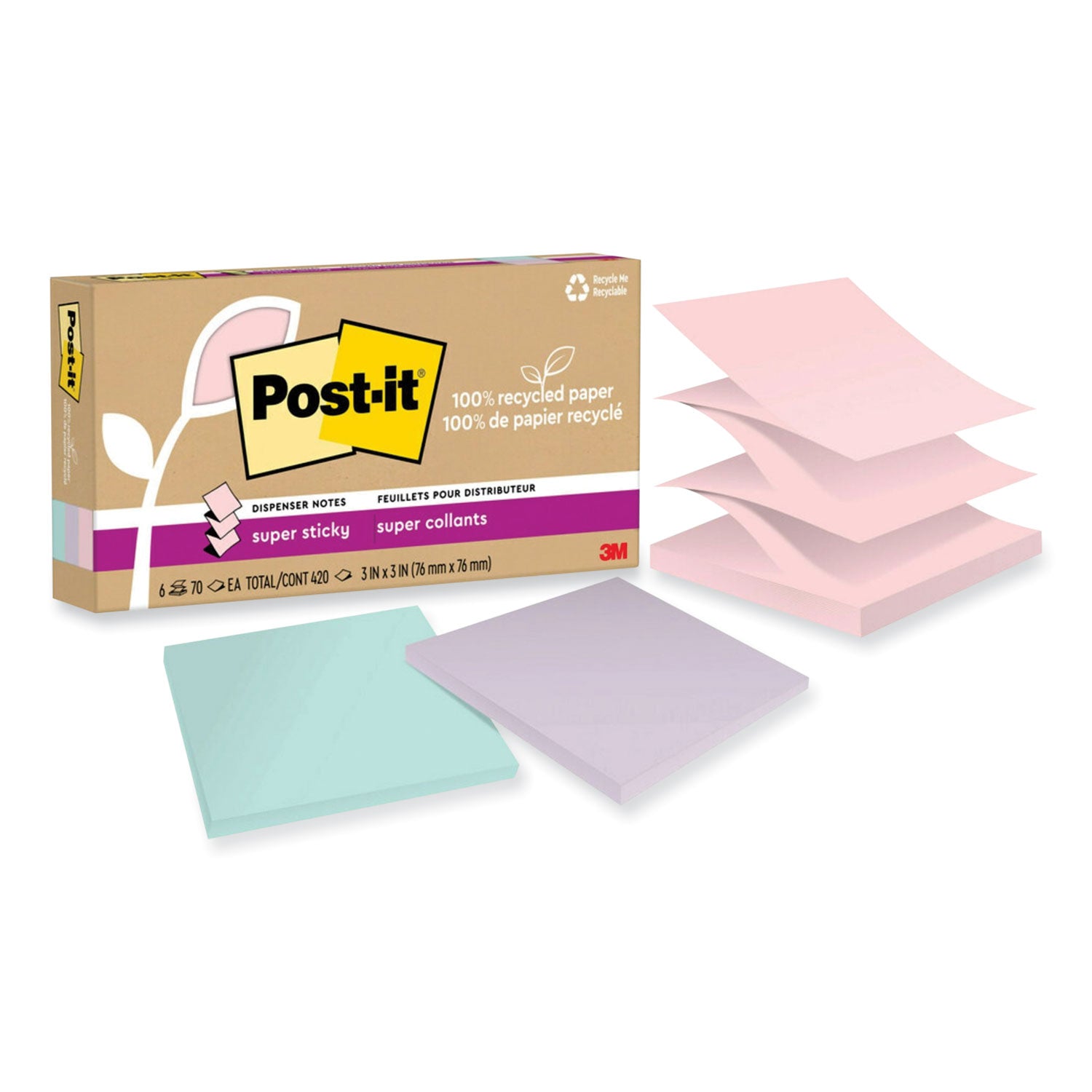 Post-it Super Sticky Adhesive Notes, 3" x 3", 70 Sheets per Pad, Assorted Wanderlust Pastel, Removable, Repositionable, Recyclable, Pop-up, 12 Pads per Pack, 420 Notes Total