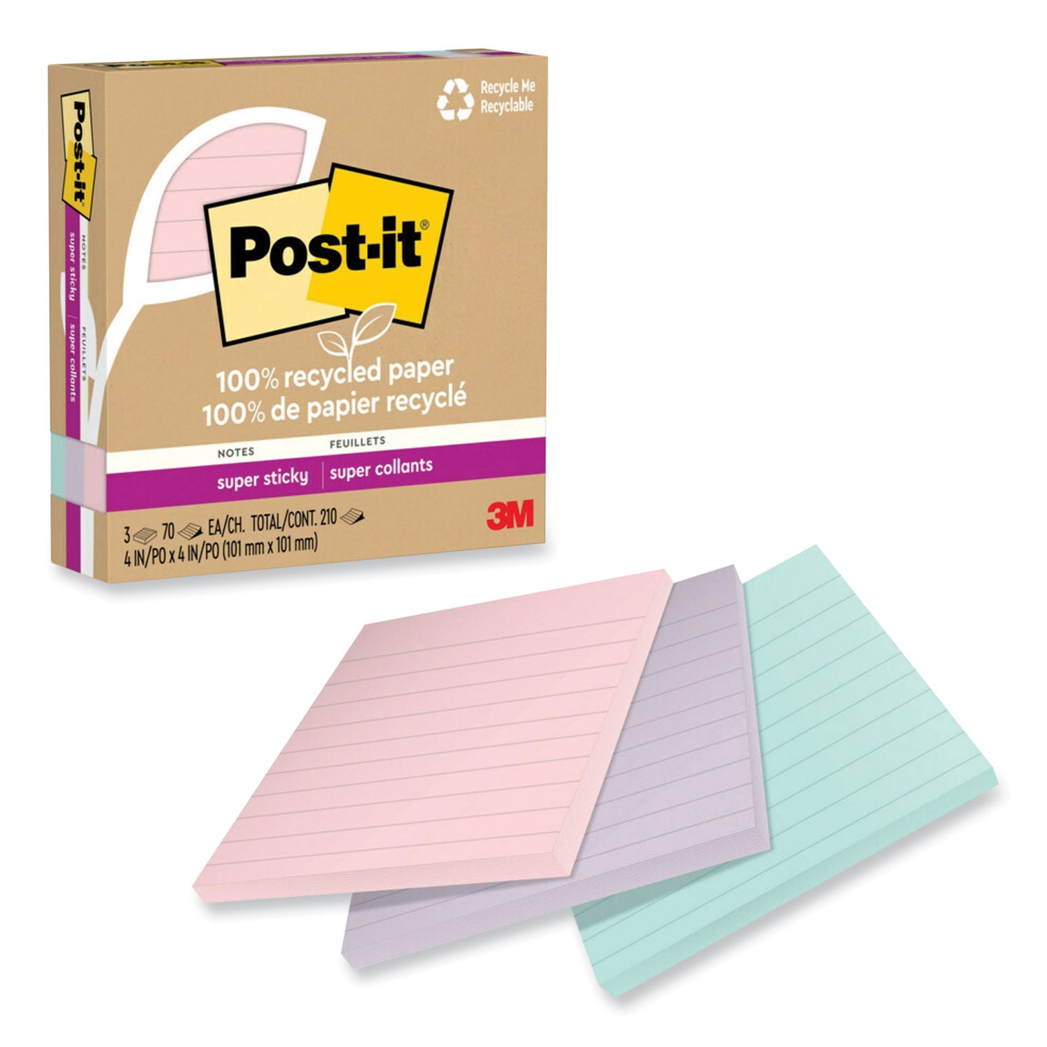 Post-it Super Sticky Adhesive Notes, 4" x 4", Square, 70 Sheets per Pad, Assorted Wanderlust Pastel, 3 Pack, Removable, Repositionable, Recyclable, Recycled Content