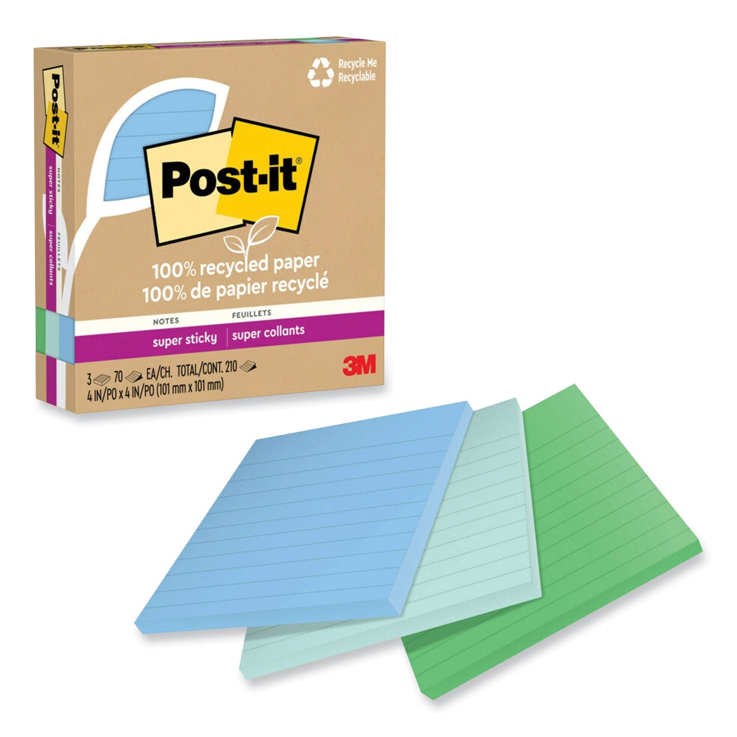 Post-it Super Sticky Adhesive Notes, 4" x 4", Square, Ruled, Assorted Oasis Colors, 70 Sheets per Pad, 3 Pads per Pack, Removable, Repositionable, Recyclable, Recycled Content