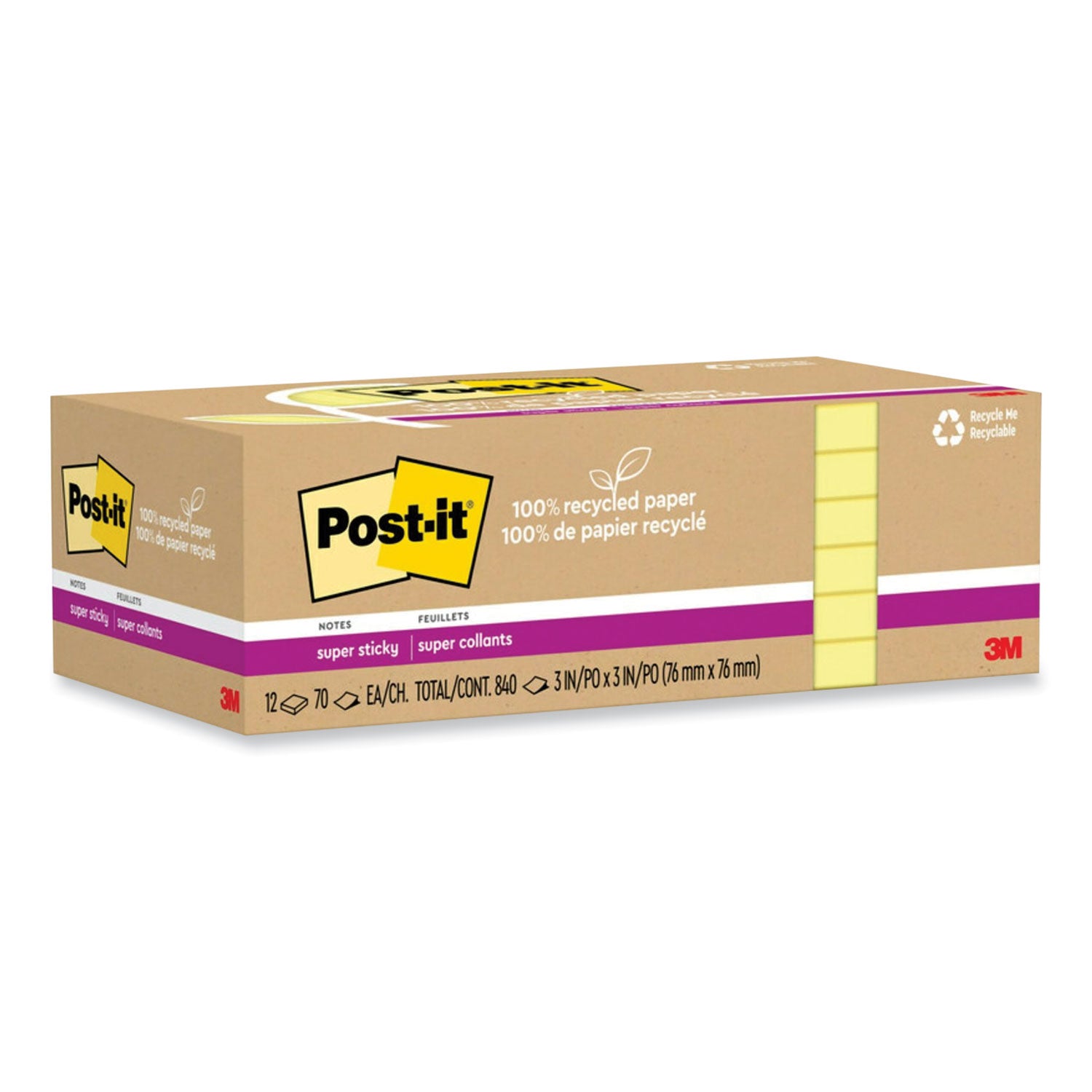 Post-it Recycled Super Sticky Notes, 3" x 3", Canary Yellow, 70 Sheets per Pad, 12 Pads per Pack, Square, Adhesive, 100% Recycled Paper