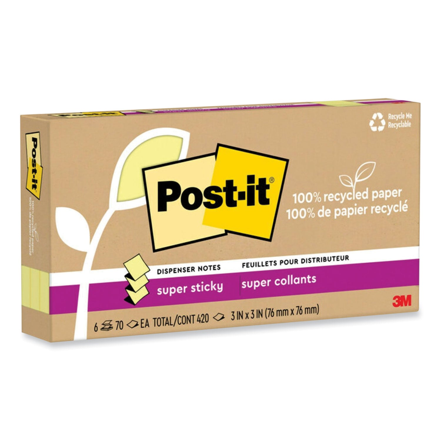 Post-it Super Sticky Adhesive Notes, 3" x 3", Canary Yellow, 70 Sheets per Pad, 12 Pads per Pack, Recycled, Removable, Repositionable, Pop-up