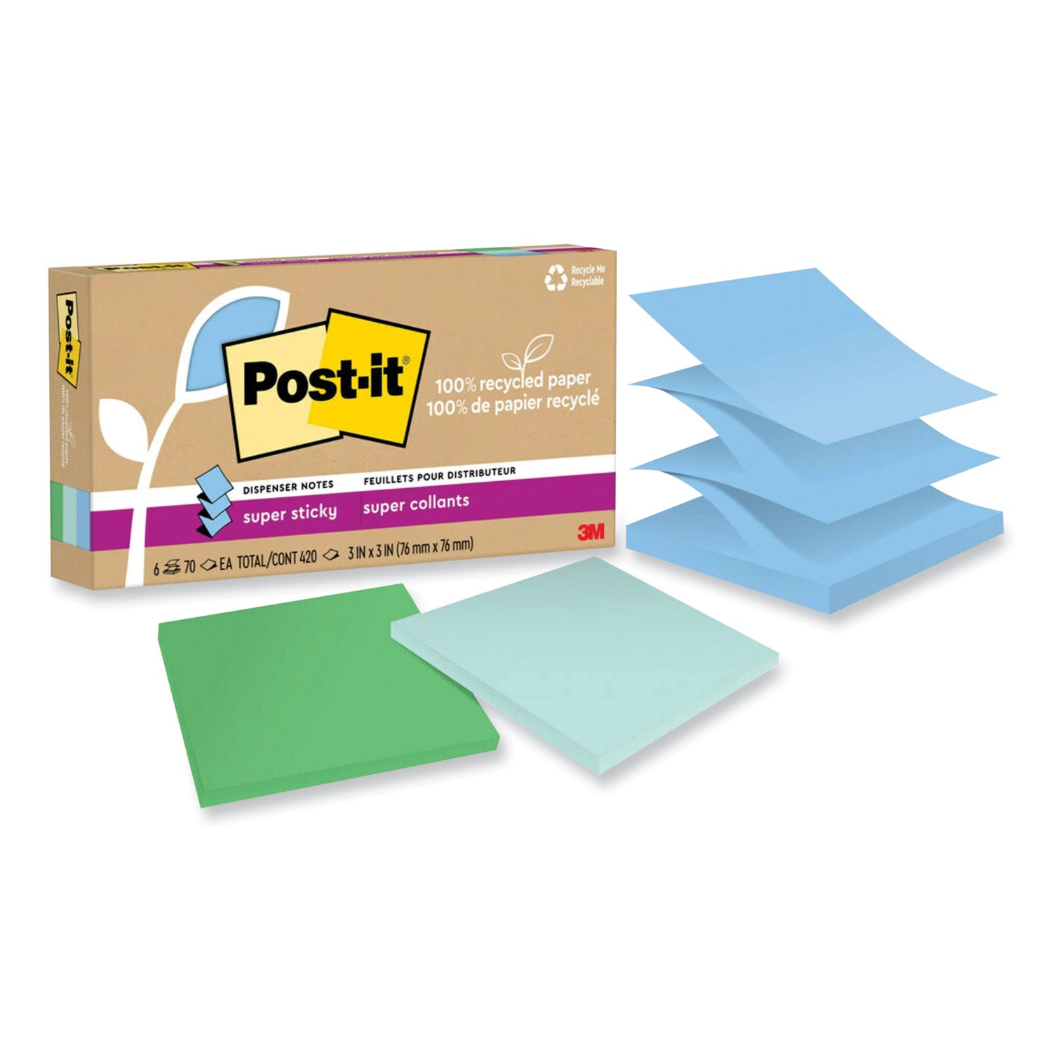 Post-it Super Sticky Adhesive Notes, 3" x 3", Assorted Oasis Colors, 70 Sheets per Pad, 6 Pads per Pack, Recycled, Removable, Repositionable, Pop-up, Square Shape