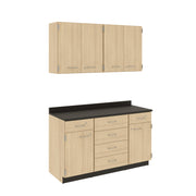 Suite - Base Cabinets; Left And Right Units With Drawer Over Door With Half-Width Shelf. Center Unit Four Drawers, Wall Cabinets; Two Double Doors With Full-Width Shelves, With Locks, Battle Creek Oak, 84"H x 60"W x 24"D
