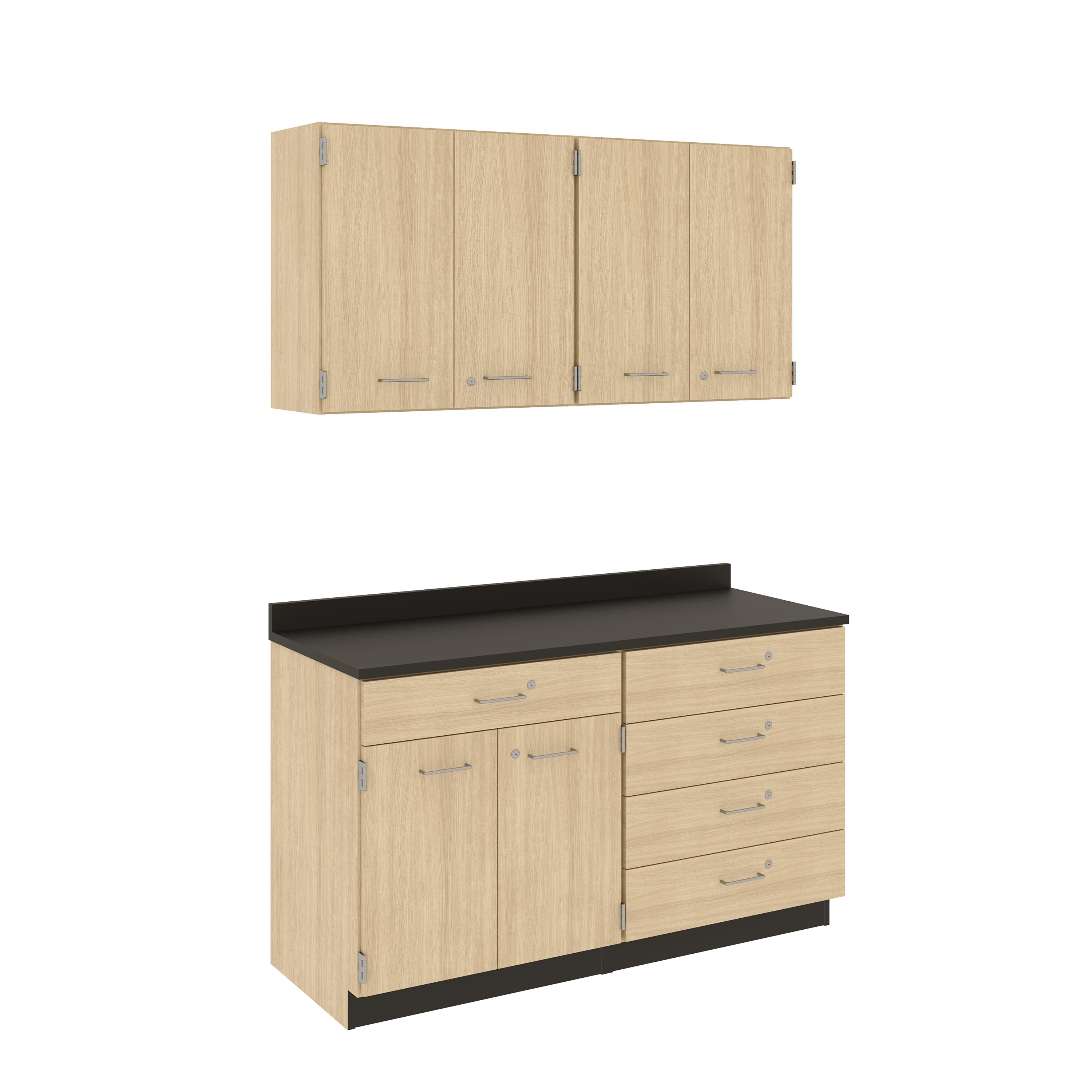 Suite - Base Cabinets; Left Unit With Drawer Over Double Door With Shelf, Right Unit Four Drawers, Wall Cabinets; Two Double Doors With Full-Width Shelves, With Locks, Battle Creek Oak, 84"H x 60"W x 24"D