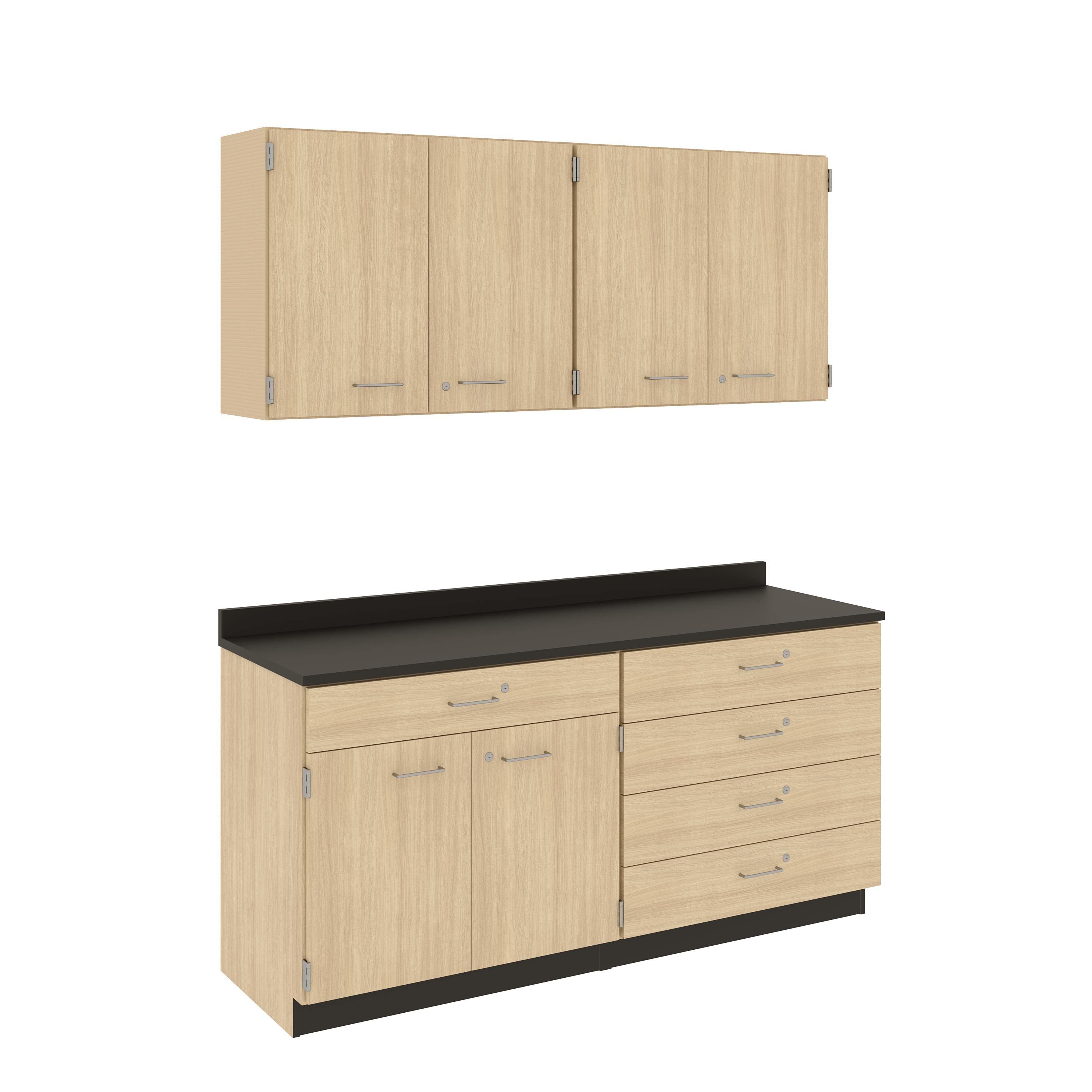 Suite - Base Cabinets; Left Unit With Drawer Over Double Door With Shelf, Right Unit Four Drawers, Wall Cabinets; Two Double Doors With Full-Width Shelves, With Locks, Battle Creek Oak, 84"H x 72"W x 24"D
