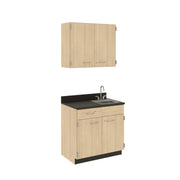 Suite - Base Cabinets; Left Unit Drawer Over Hinged Left Door With Shelf, Right Sink Unit With 15" x 15" Stainless Steel Sink And Faucet, Wall Cabinets; Two Double Doors With Half-Width Shelves, With Locks, Battle Creek Oak, 84"H x 36"W x 24"D