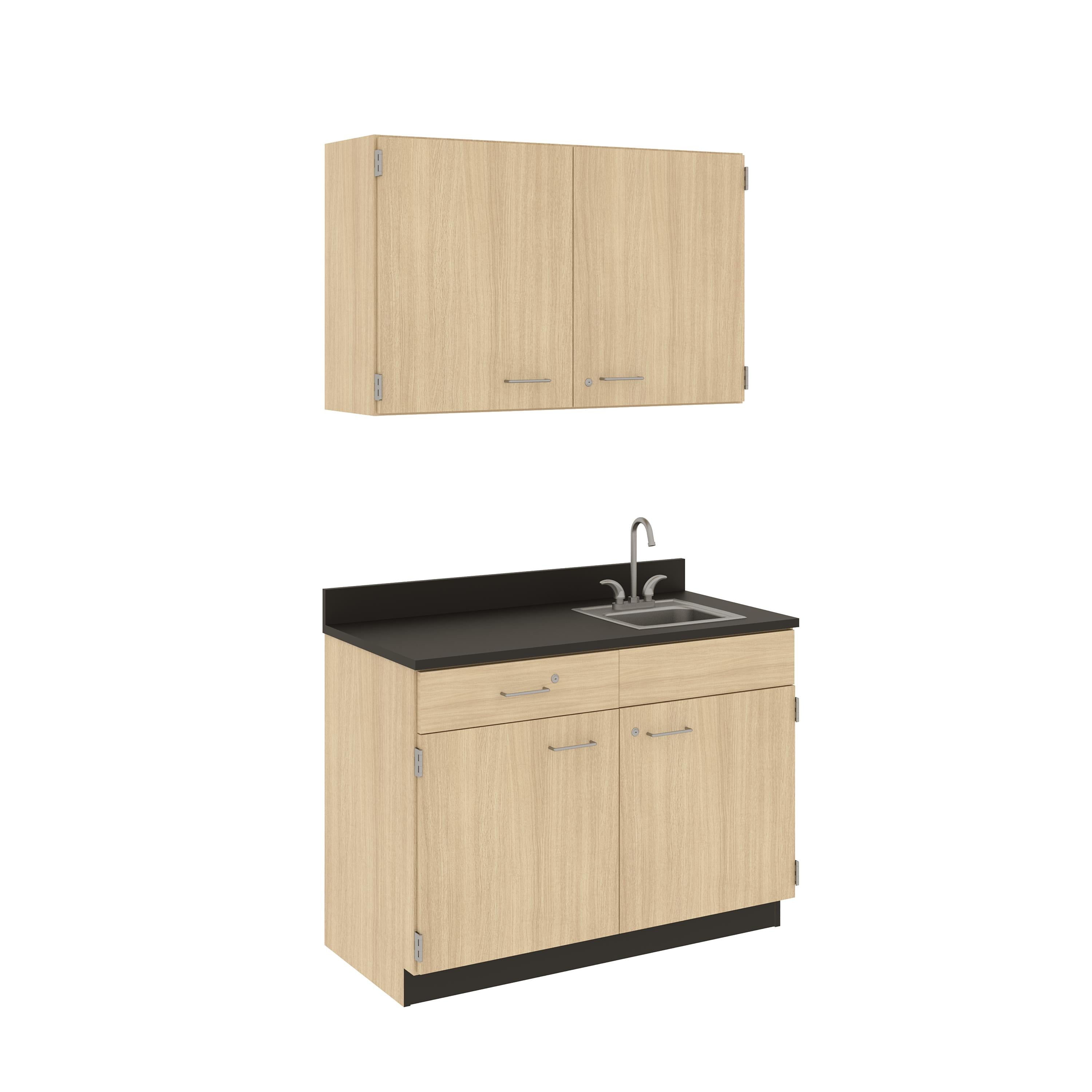 Suite - Base Cabinets; Left Unit Drawer Over Hinged Left Door With Shelf, Right Sink Unit With 15" x 15" Stainless Steel Sink And Faucet, Wall Cabinets; Two Double Doors With Half-Width Shelves, With Locks, Battle Creek Oak, 84"H x 48"W x 24"D