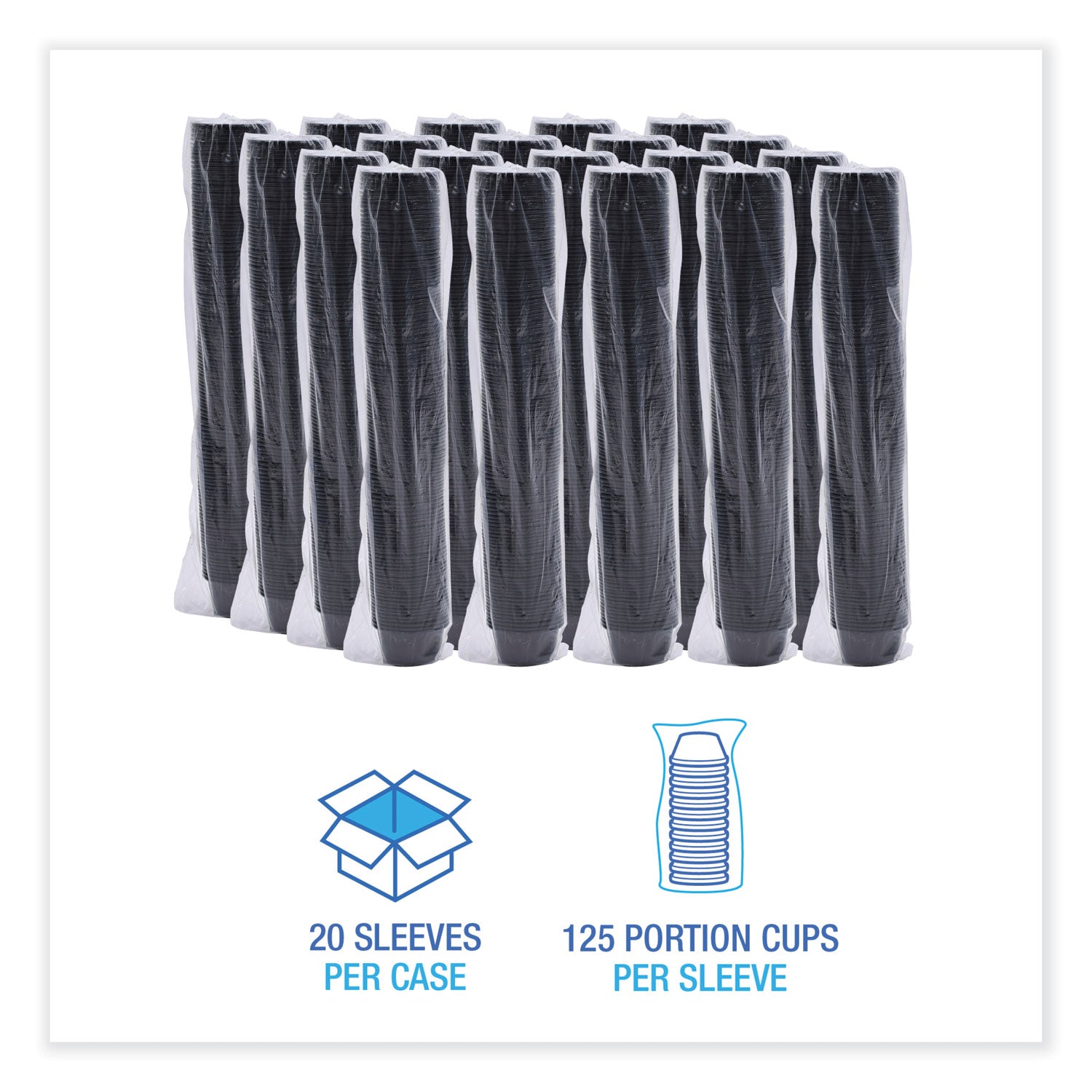 Souffle/Portion Cups, 2 oz, Plastic, Black, 125/Sleeve, 20 Sleeves/Carton