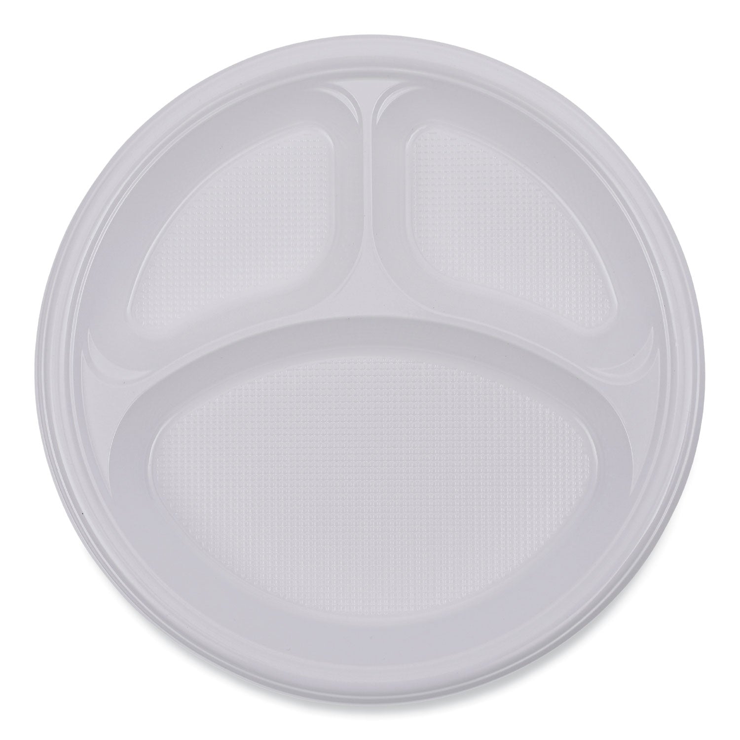 Hi-Impact Plastic Dinnerware, 3-Compartment Plate, 10" dia, White, 500/Carton