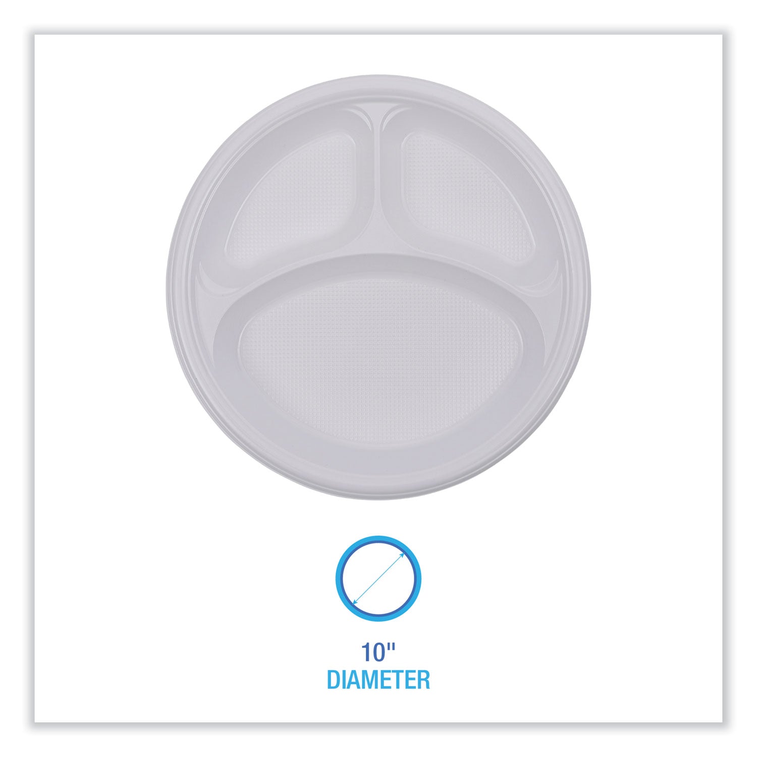 Hi-Impact Plastic Dinnerware, 3-Compartment Plate, 10" dia, White, 500/Carton