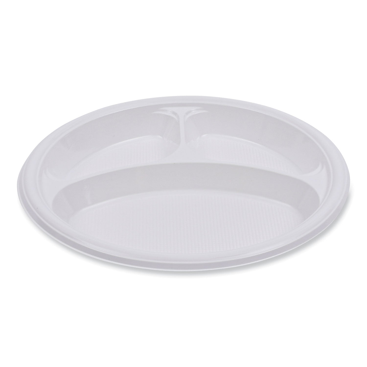 Hi-Impact Plastic Dinnerware, 3-Compartment Plate, 10" dia, White, 500/Carton