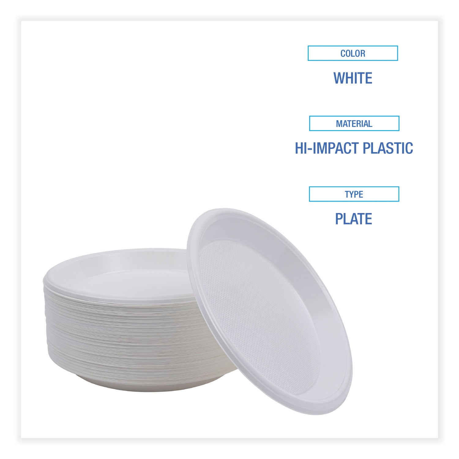 Hi-Impact Plastic Dinnerware, Plate, 10" Dia, White, 500/carton