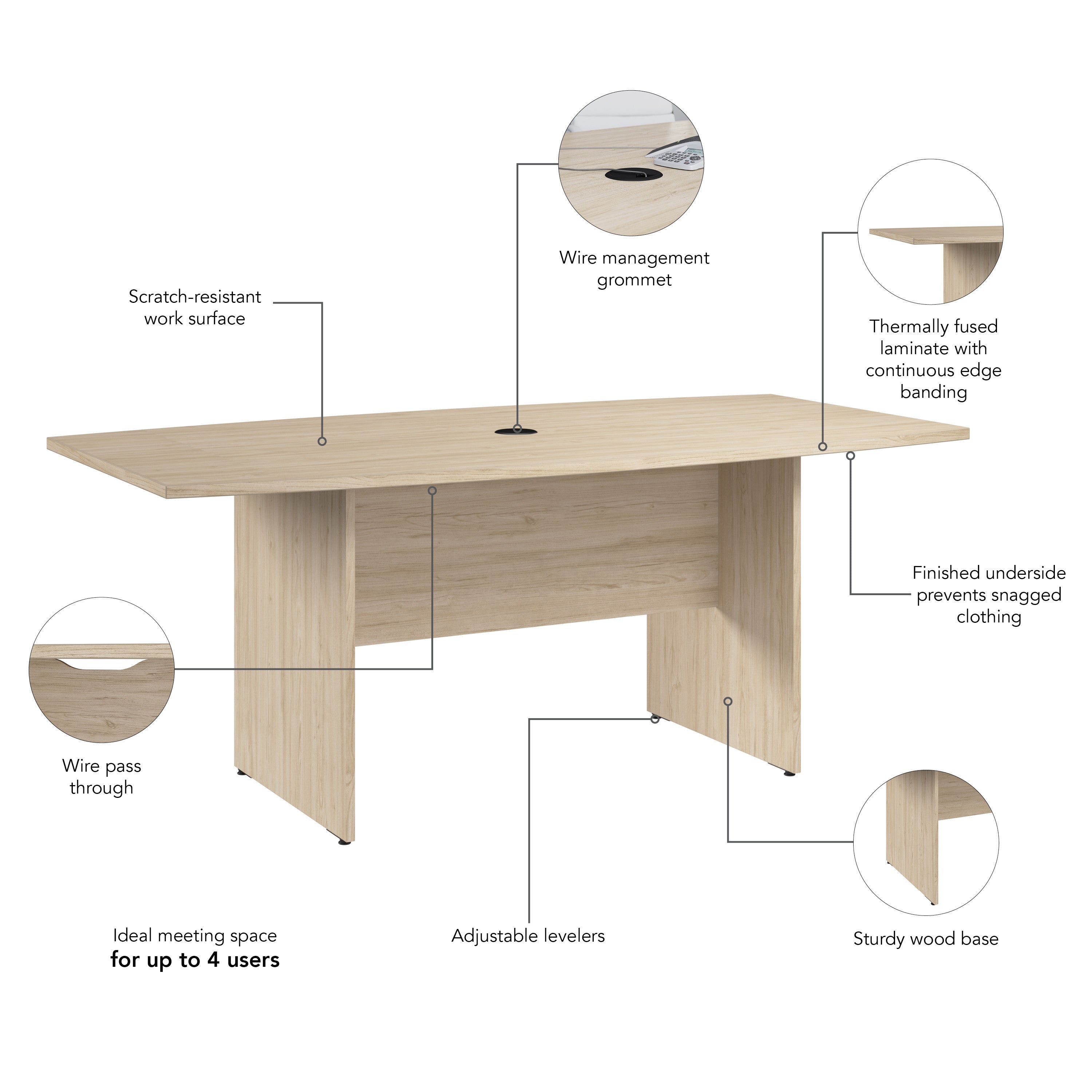 Bush Business Furniture 72-inch Office Conference Table with Wood Base in Natural Elm - 71.54" Width x 35.98" Depth x 30.33" Height