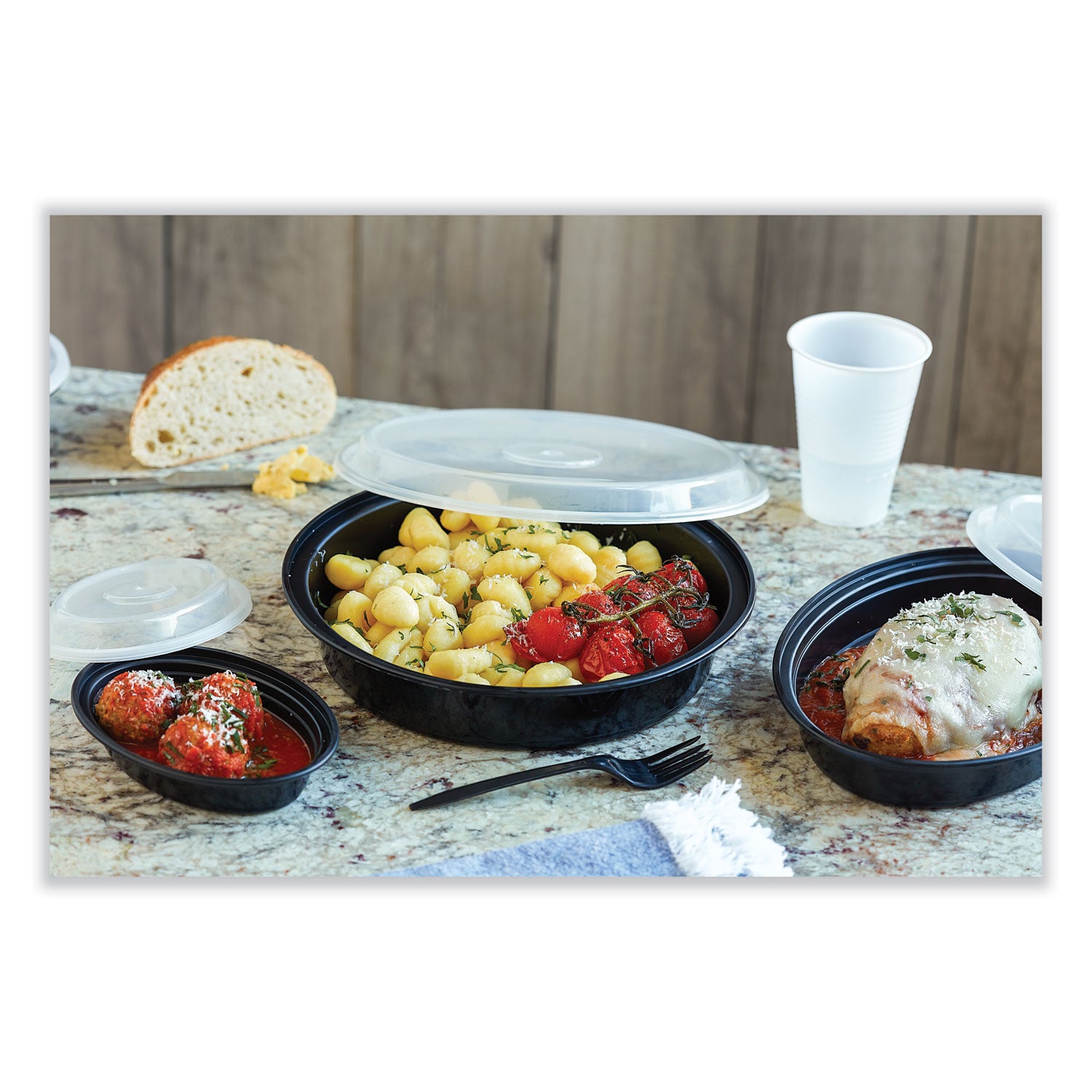 Newspring VERSAtainer Microwavable Containers, Oval, 6 oz, 5.7 x 4 x 1.1, Black/Clear, Plastic, 150/Carton