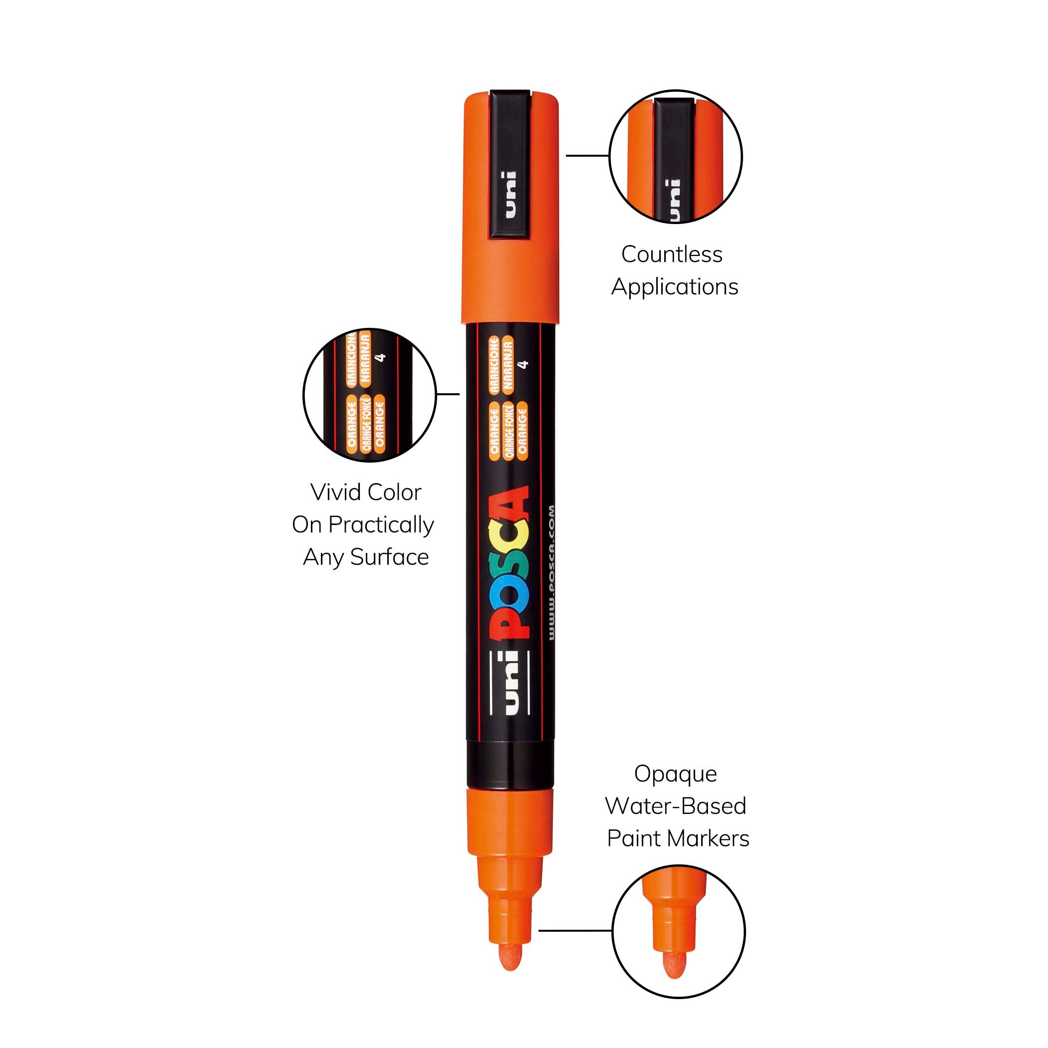 uni® POSCA PC-5M Water-Based Paint Markers, Reversible Medium Tip (1.8-2.5mm), Orange
