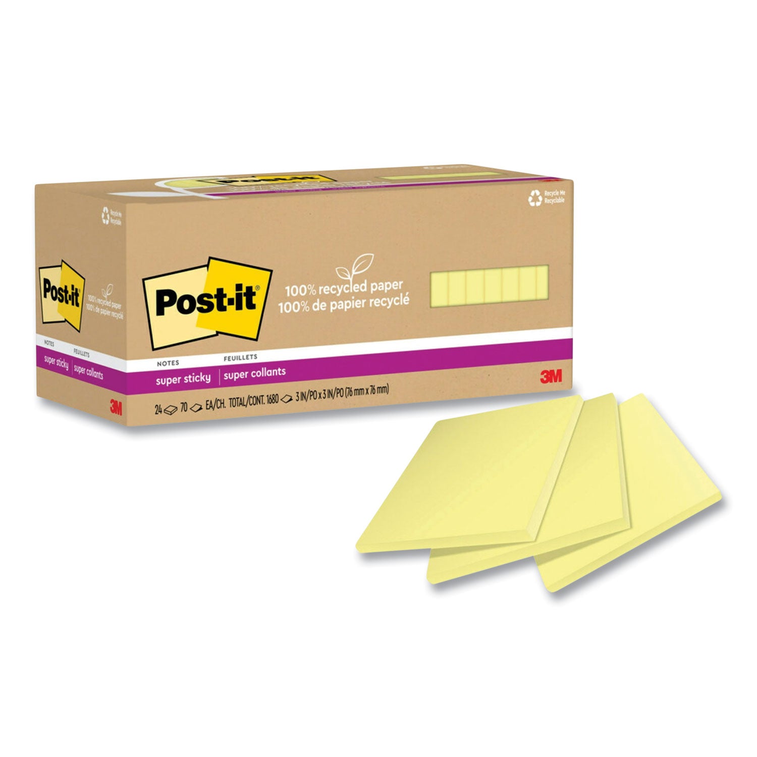 Post-it Super Sticky Adhesive Notes, 3" x 3", Canary Yellow, 70 Sheets per Pad, Repositionable, Recycled, 24 Pack