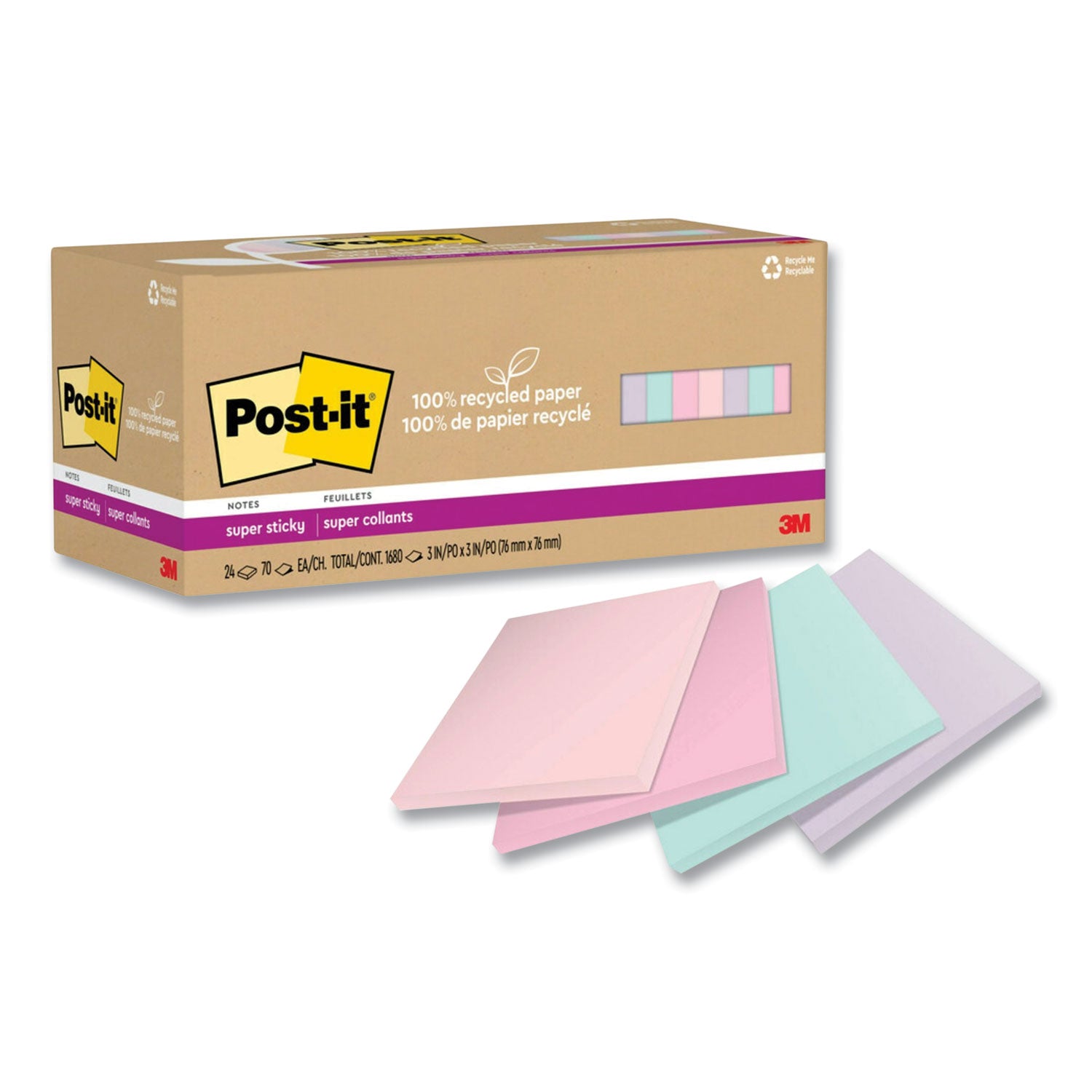 Post-it Recycled Super Sticky Notes, 3" x 3", Square, Wanderlust Pastels, 70 Sheets per Pad, 24 Pads per Pack