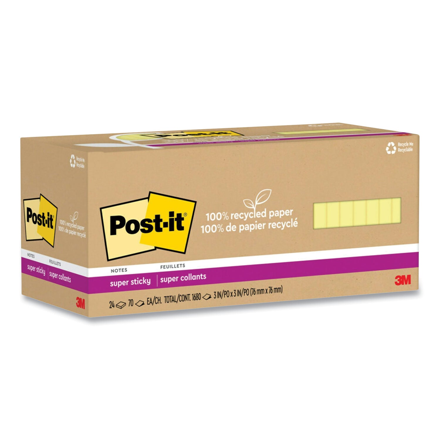 Post-it Super Sticky Adhesive Notes, 3" x 3", Canary Yellow, 70 Sheets per Pad, Repositionable, Recycled, 24 Pack