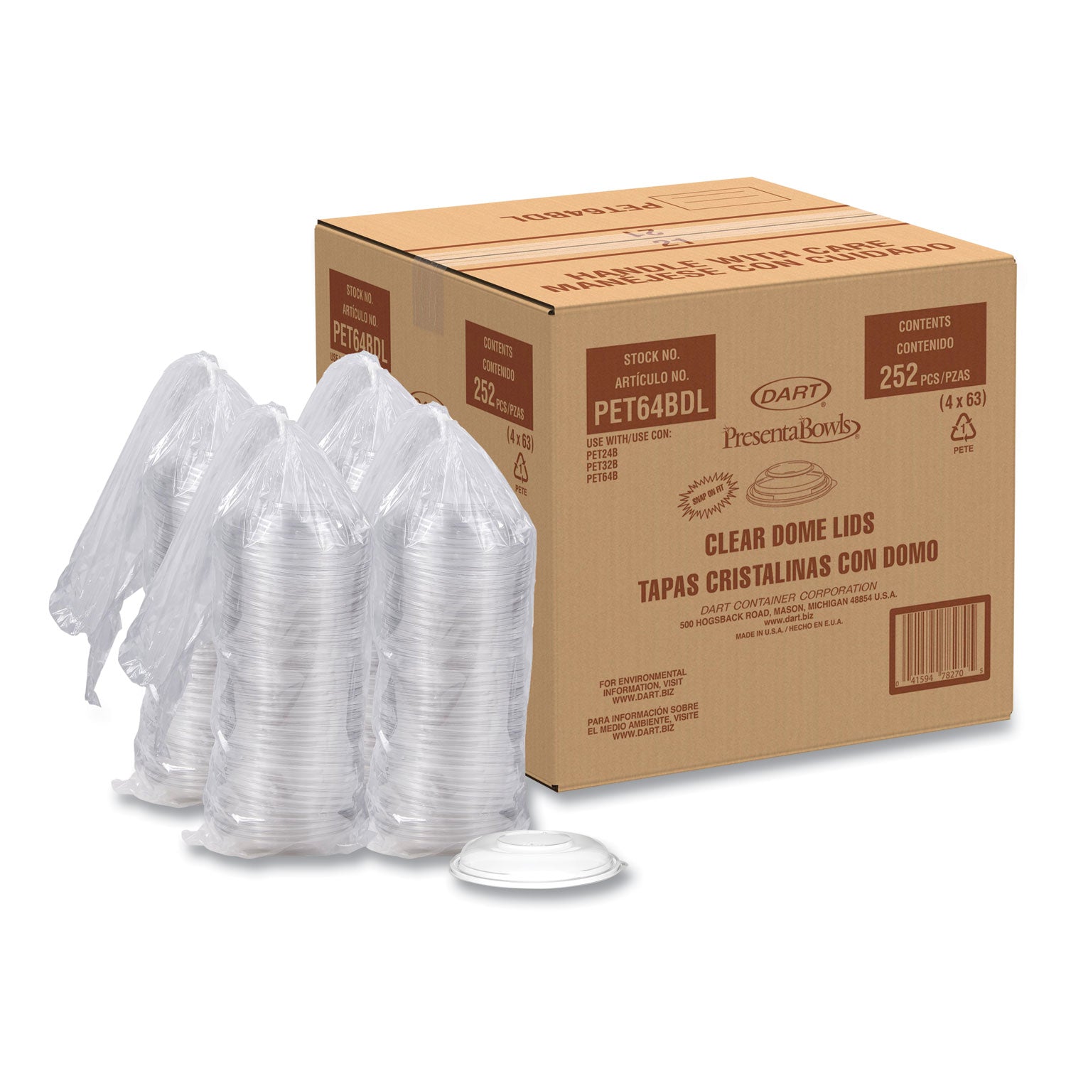 PresentaBowls Lids, Clear, Fits 24 oz to 64 oz Bowls, 7.3" Diameter x 1.1" h, Plastic, 252/Carton