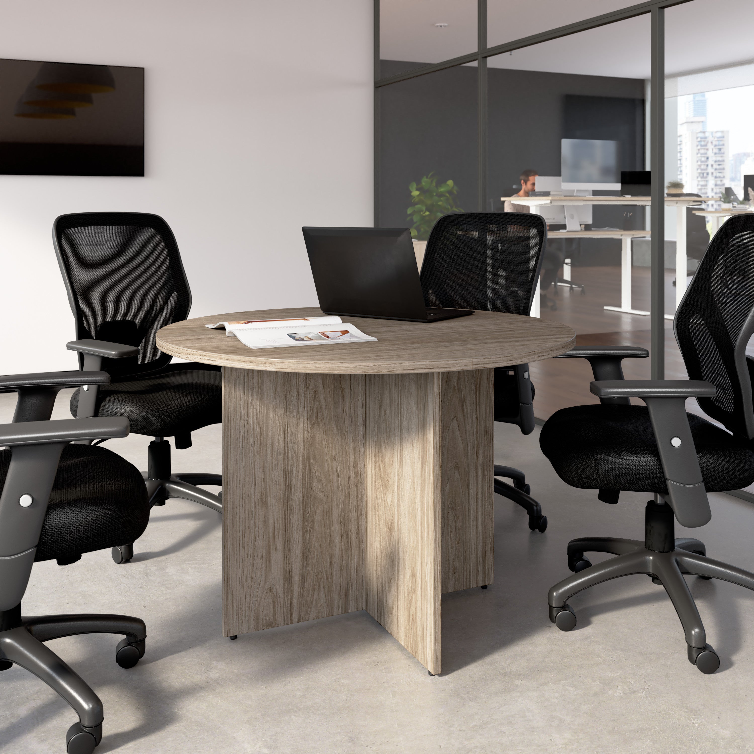 Bush Business Furniture 42-inch Round Conference Table with Wood Base in Modern Hickory - 41.38" Width x 41.38" Depth x 28.65" Height